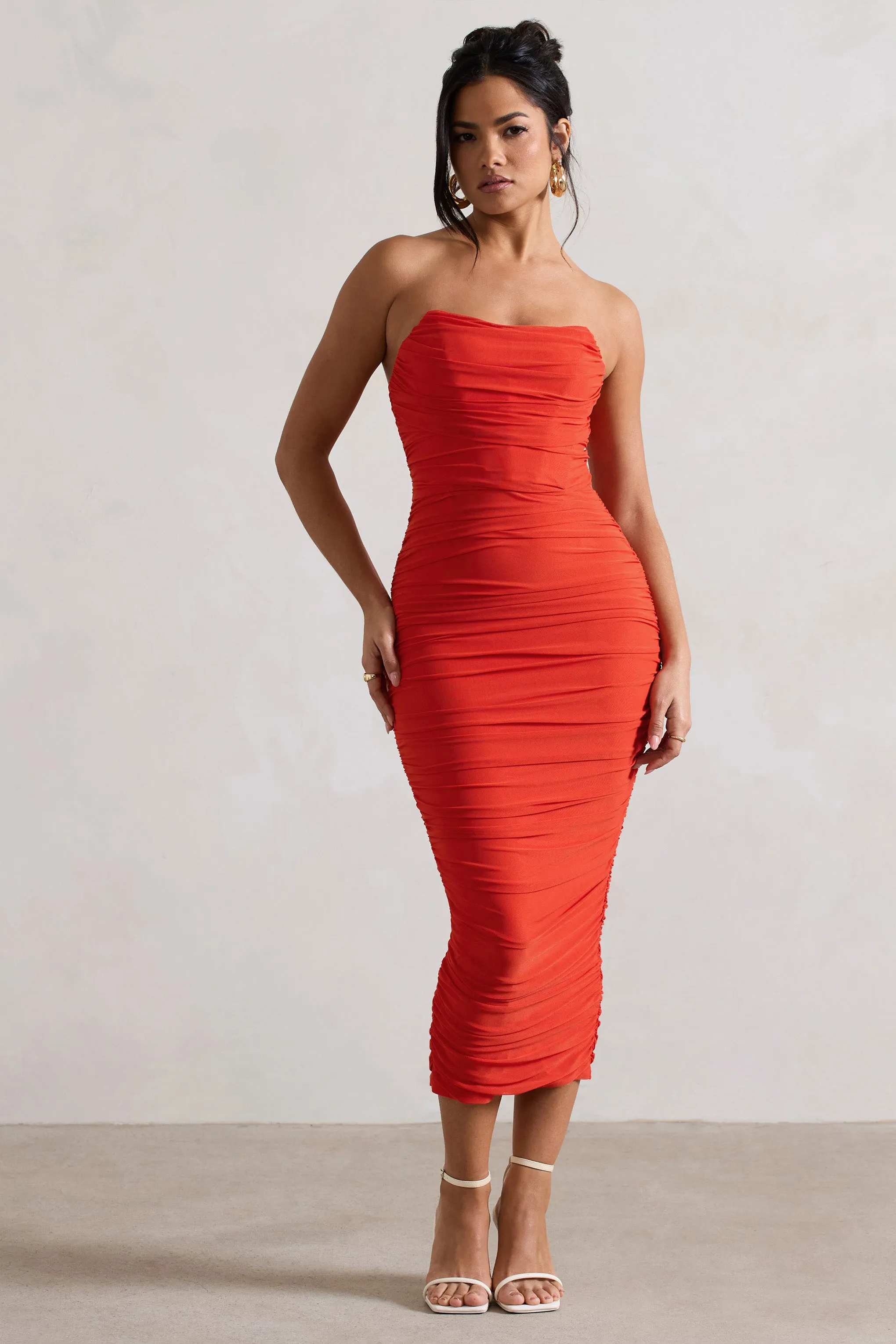 Nylah | Orange Ruched Corset Bodycon Midi Dress Club L London