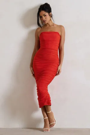 Nylah | Orange Ruched Corset Bodycon Midi Dress Club L London
