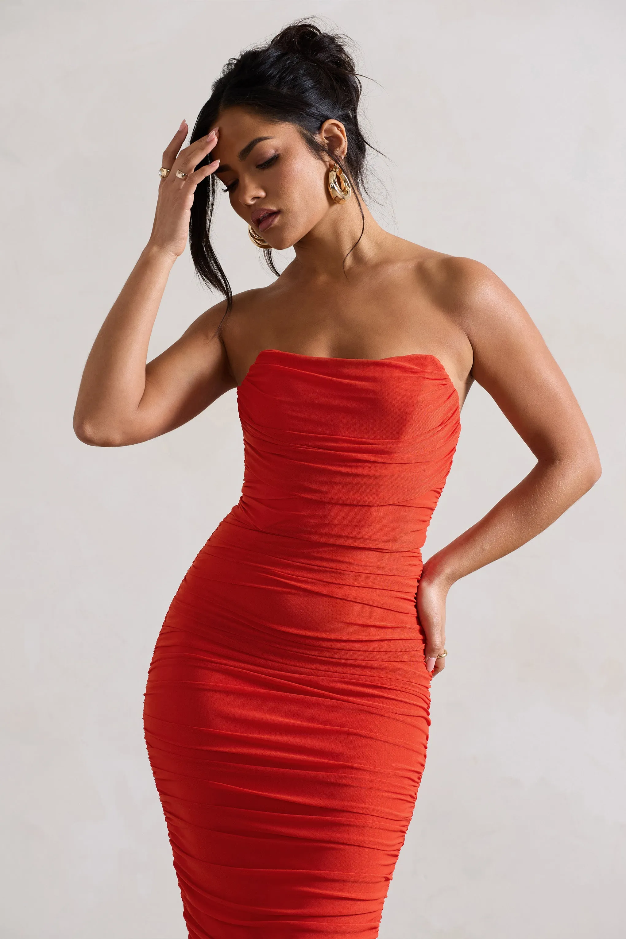 Nylah | Orange Ruched Corset Bodycon Midi Dress Club L London
