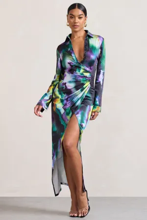 Oasis | Watercolour Print Satin Long-Sleeved Maxi Shirt Dress Club L London