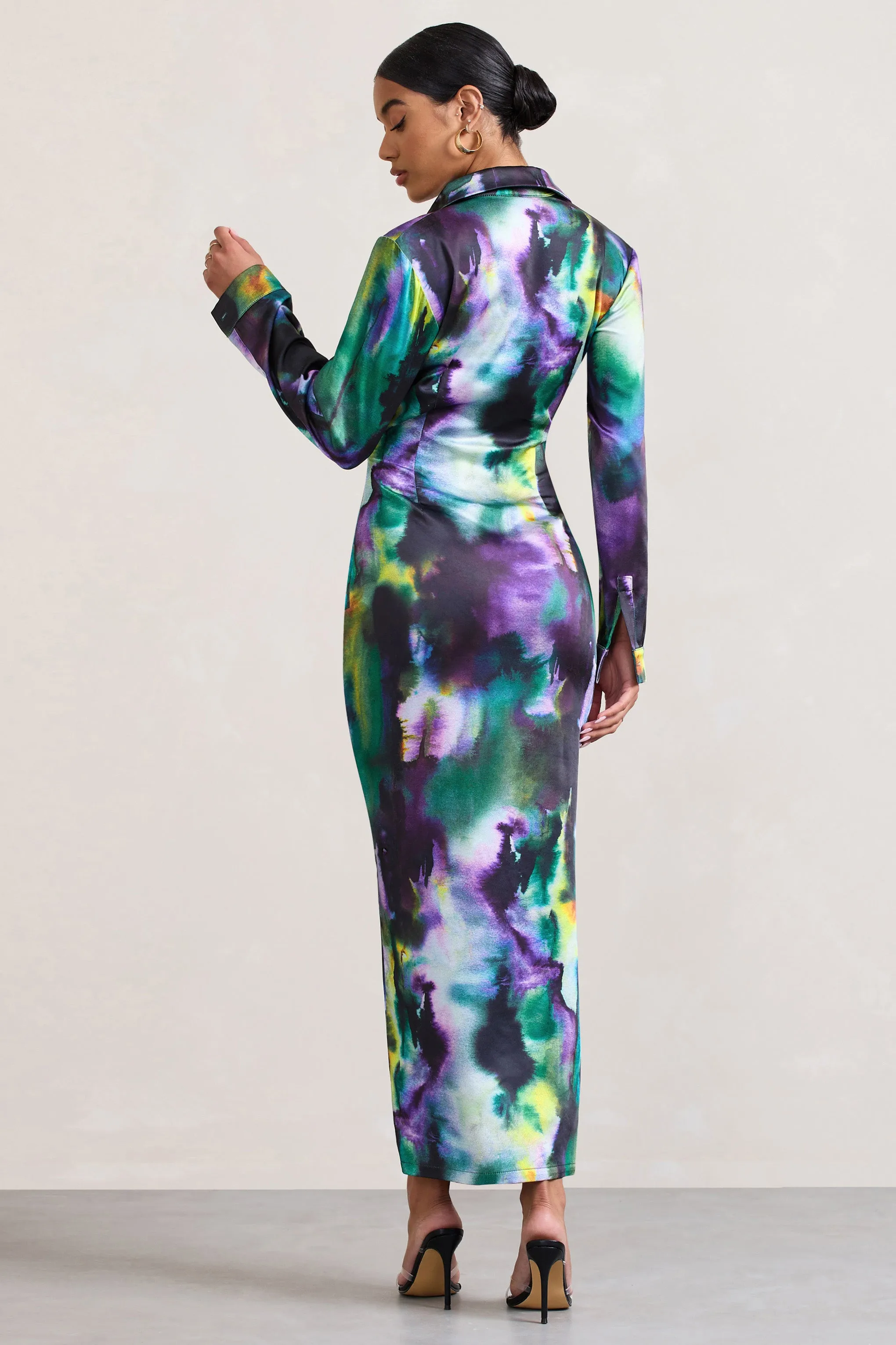 Oasis | Watercolour Print Satin Long-Sleeved Maxi Shirt Dress Club L London