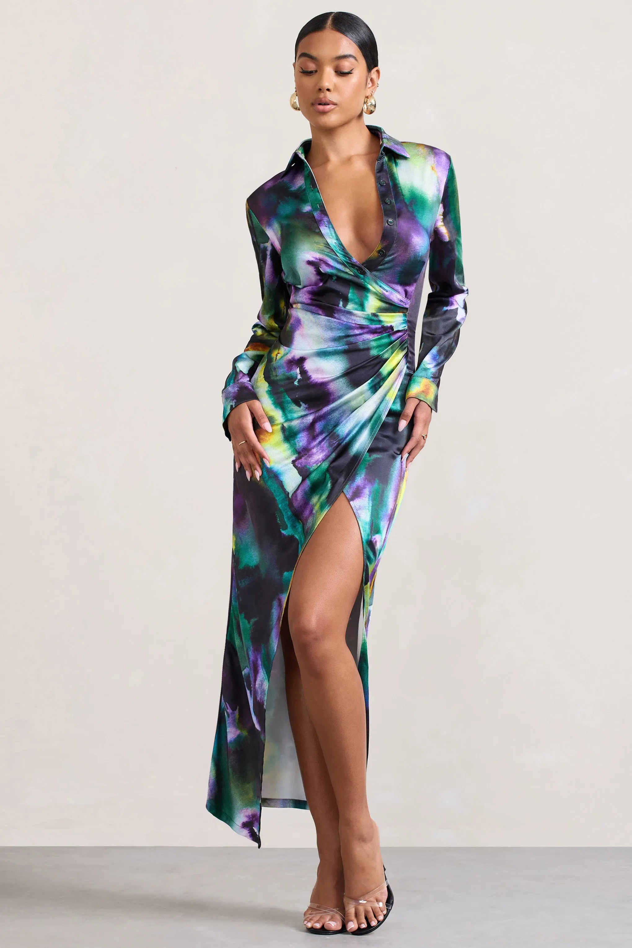 Oasis | Watercolour Print Satin Long-Sleeved Maxi Shirt Dress Club L London