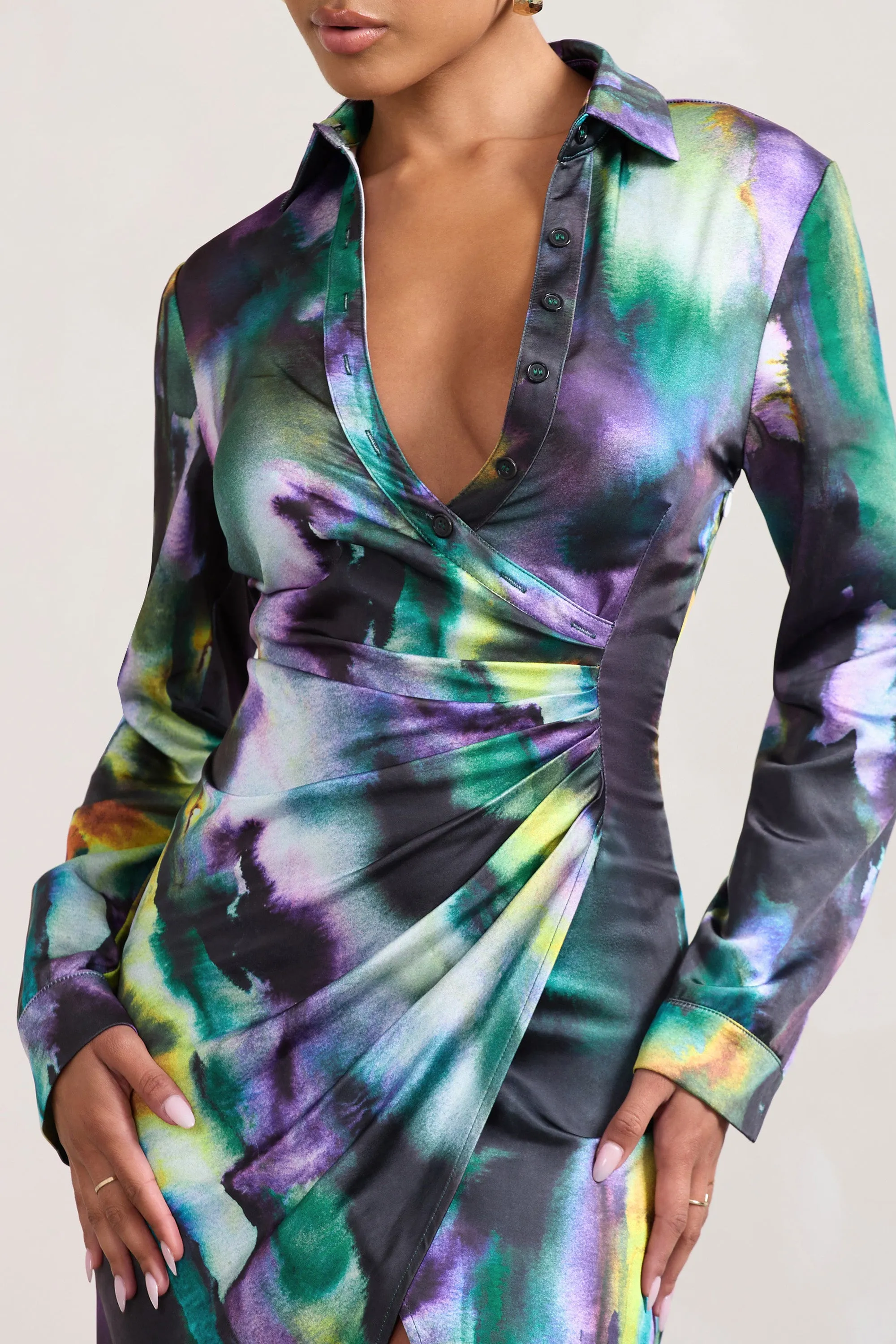 Oasis | Watercolour Print Satin Long-Sleeved Maxi Shirt Dress Club L London