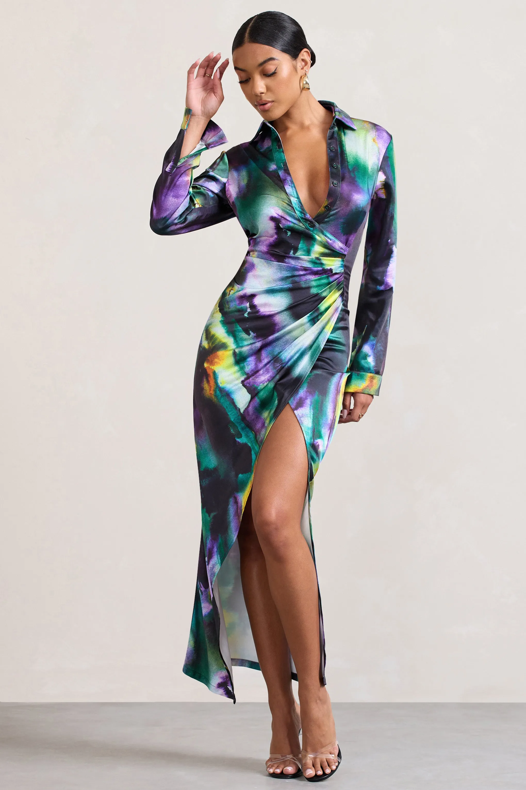 Oasis | Watercolour Print Satin Long-Sleeved Maxi Shirt Dress Club L London
