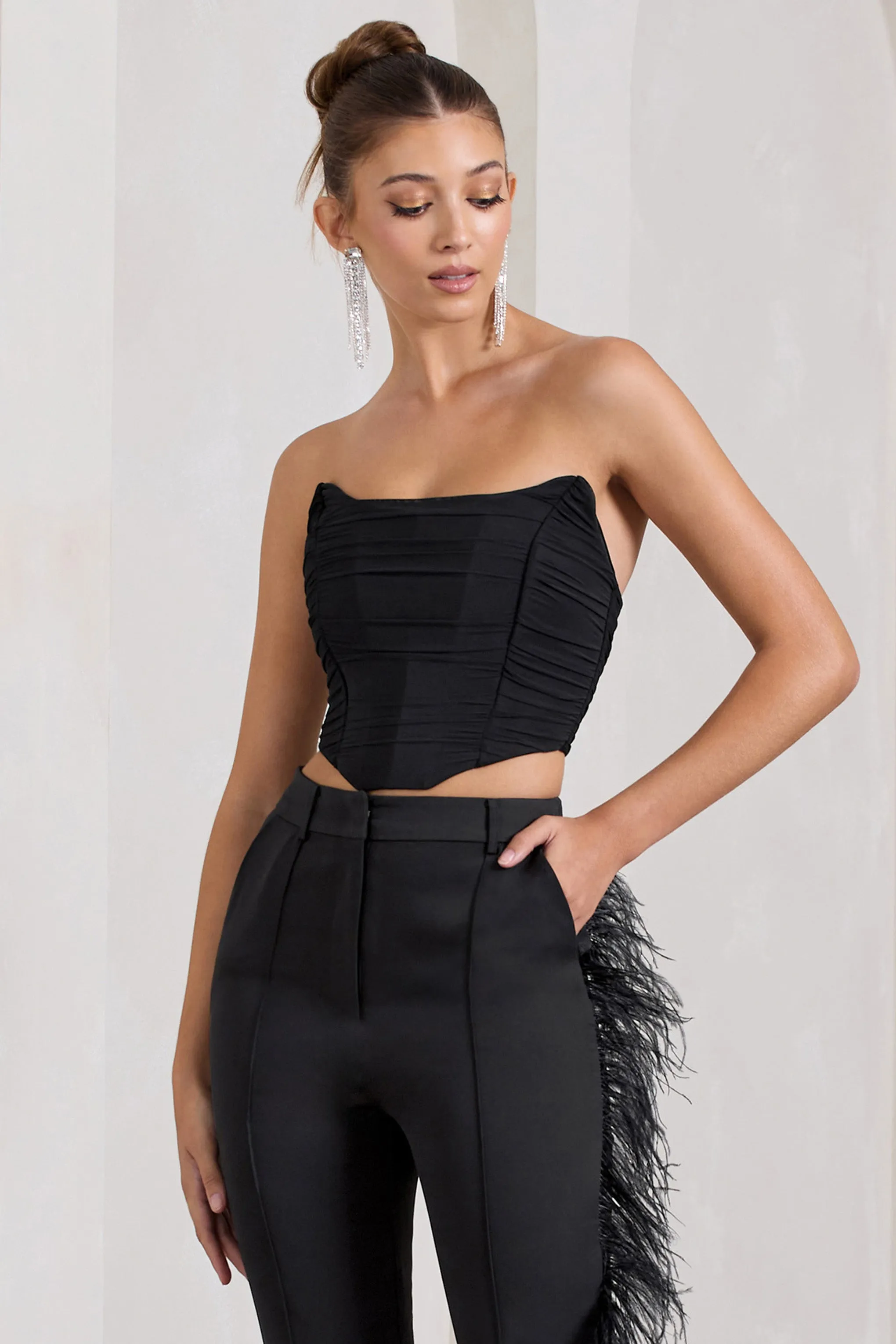 Obsessed | Black Bandeau Mesh Corset Style Crop Top Club L London