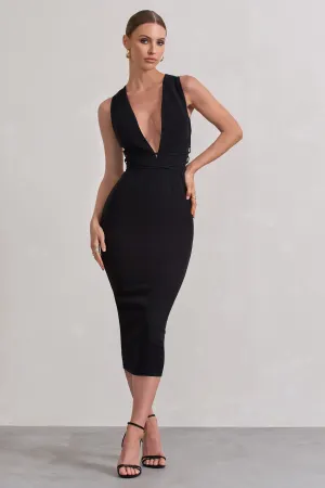 Odessa | Black Plunge Sleeveless Midi Dress With Tie Waist Club L London