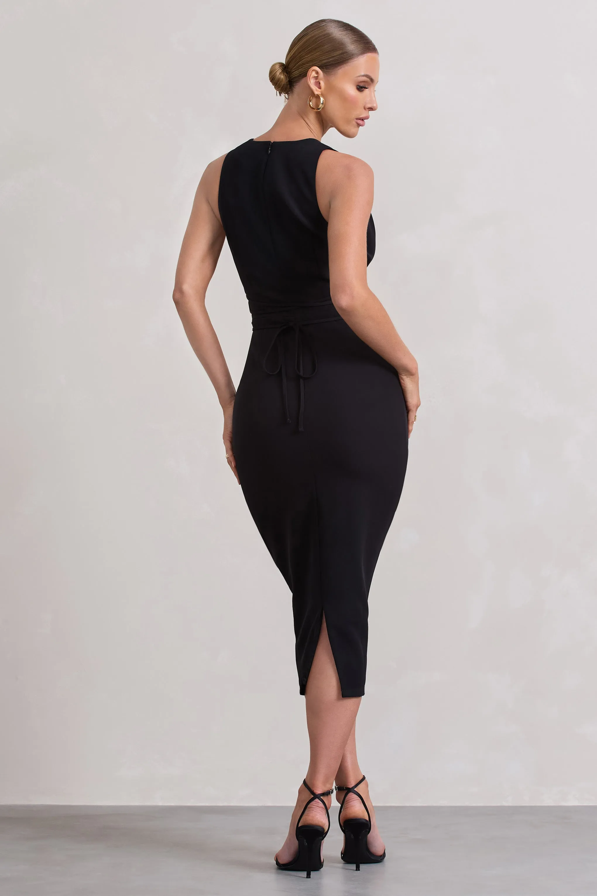 Odessa | Black Plunge Sleeveless Midi Dress With Tie Waist Club L London