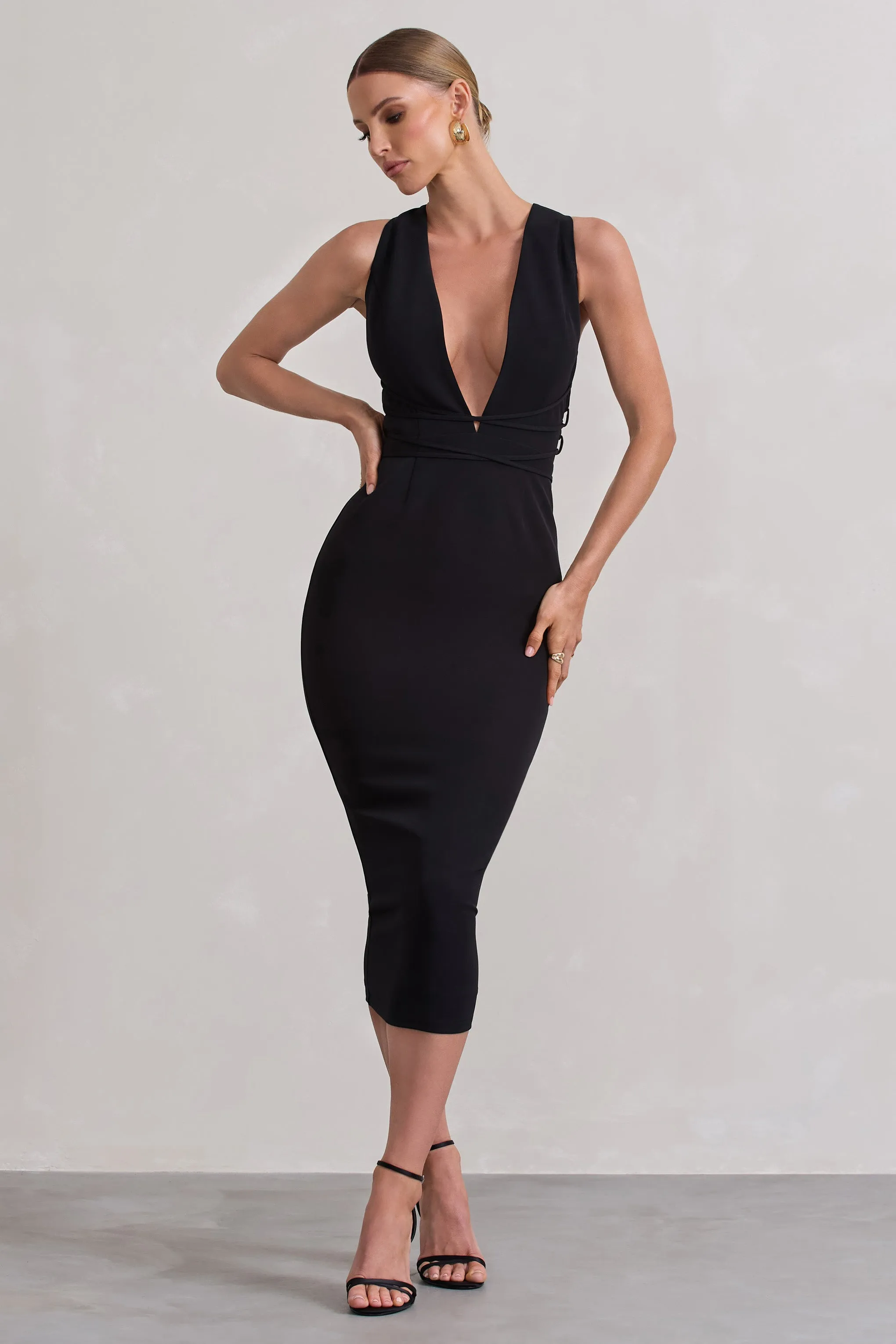 Odessa | Black Plunge Sleeveless Midi Dress With Tie Waist Club L London