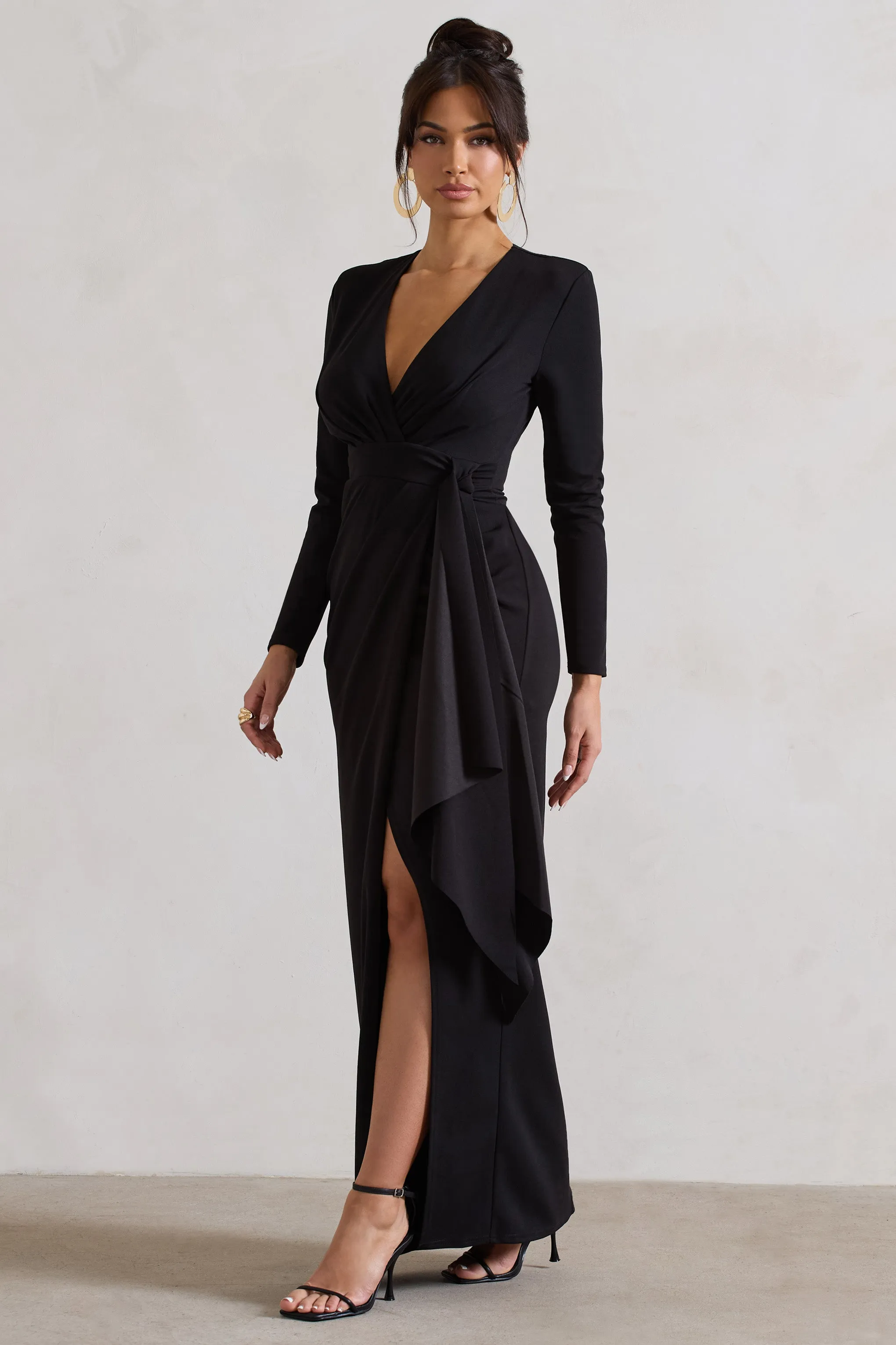 Odetta | Black Plunge-Neck Wrap Maxi Dress With Tie Waist Club L London
