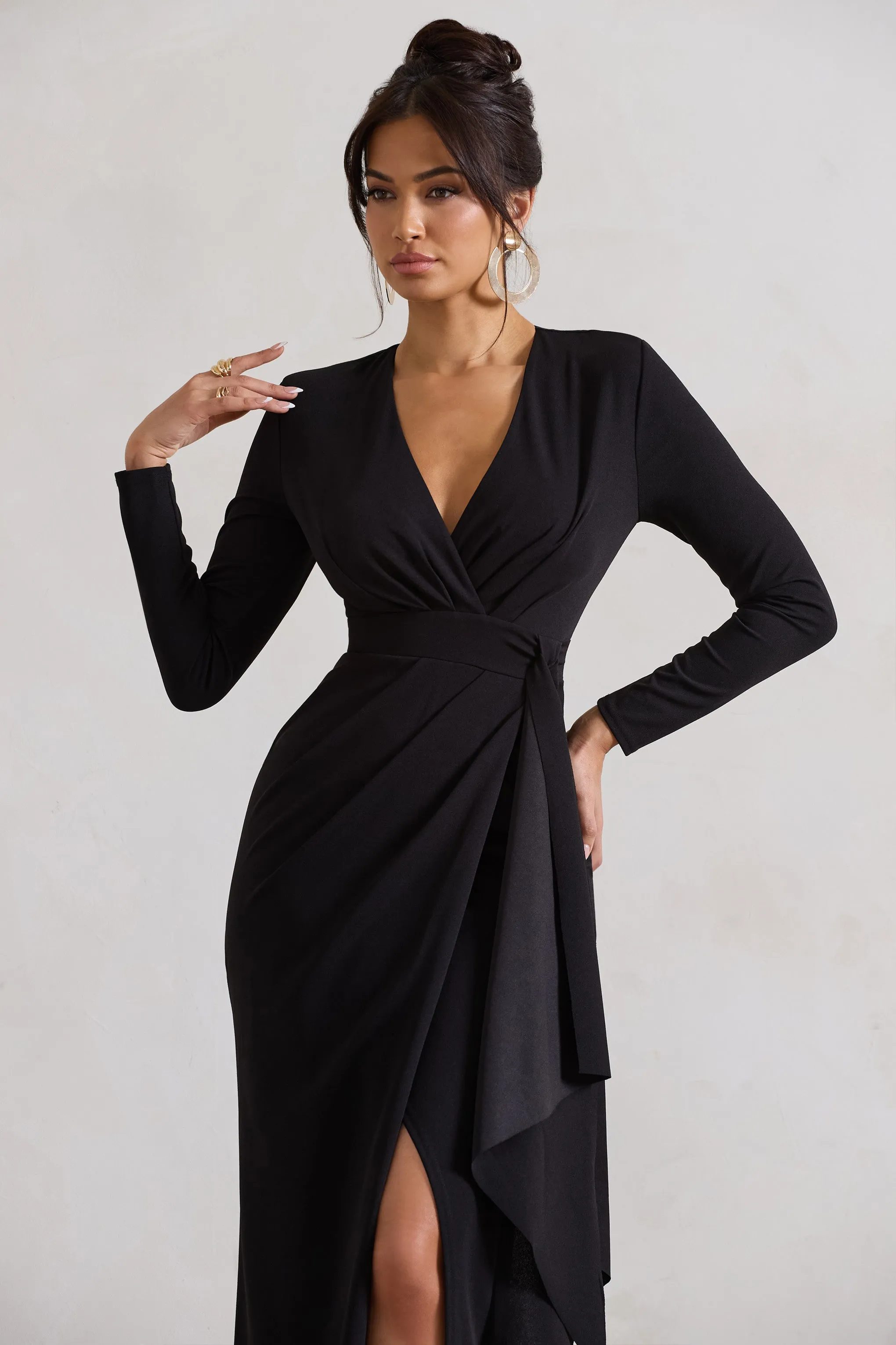 Odetta | Black Plunge-Neck Wrap Maxi Dress With Tie Waist Club L London
