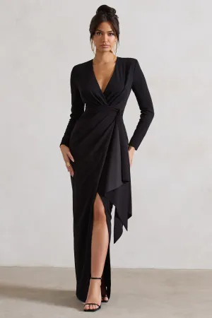 Odetta | Black Plunge-Neck Wrap Maxi Dress With Tie Waist Club L London