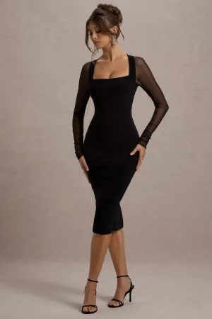 Off Track | Black Bodycon Midi Dress With Sheer Sleeves Club L London