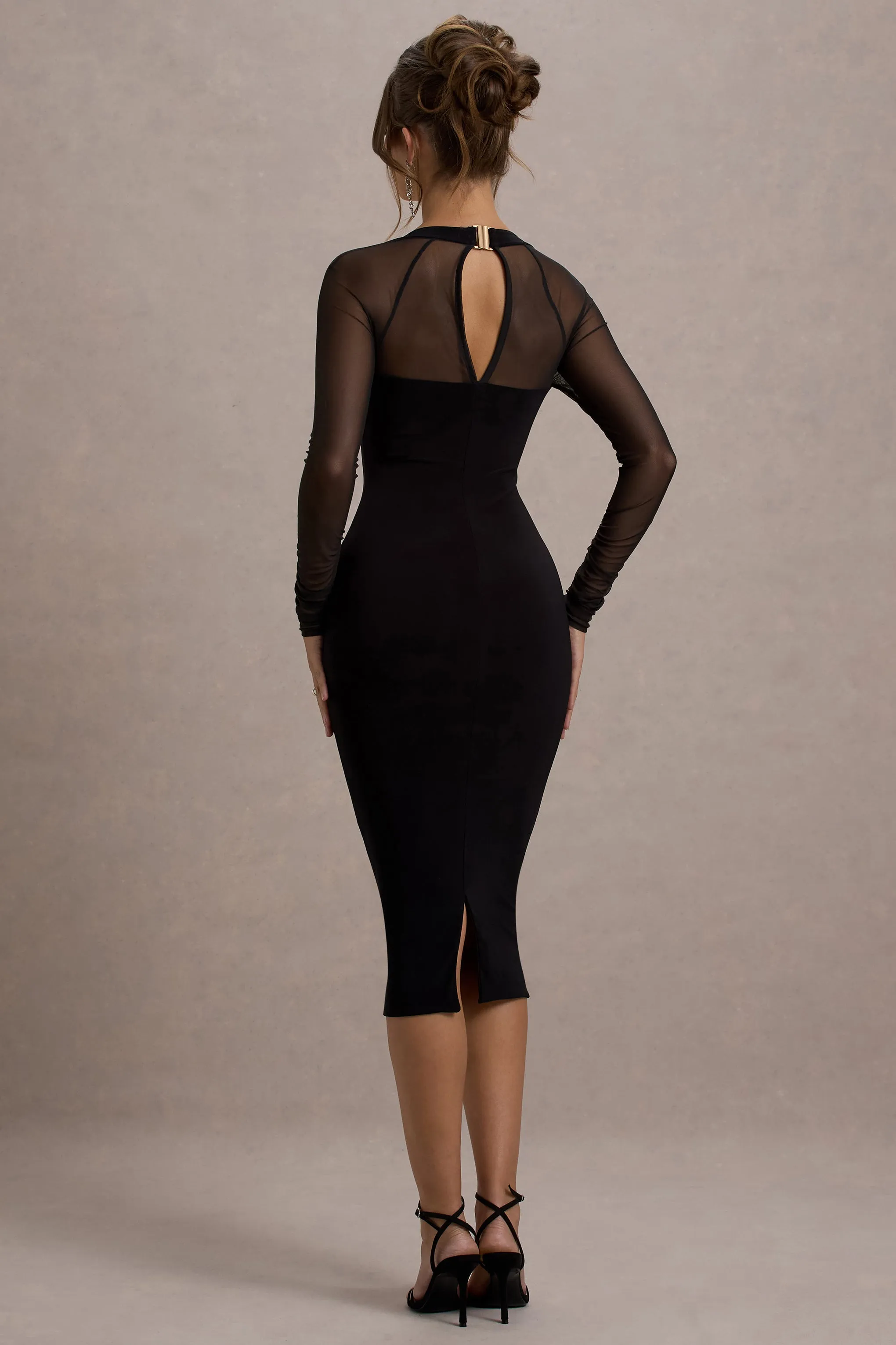 Off Track | Black Bodycon Midi Dress With Sheer Sleeves Club L London