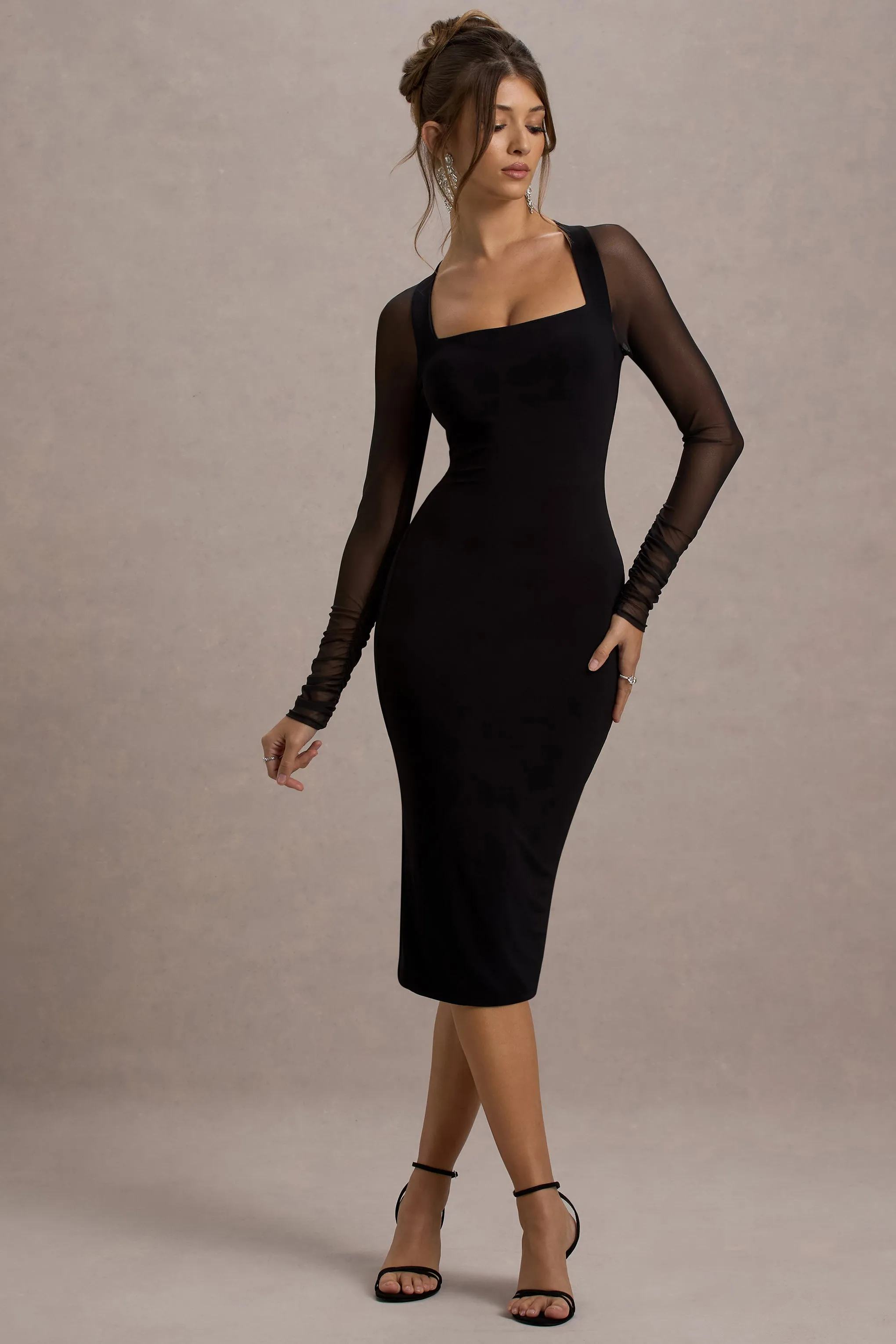 Off Track | Black Bodycon Midi Dress With Sheer Sleeves Club L London