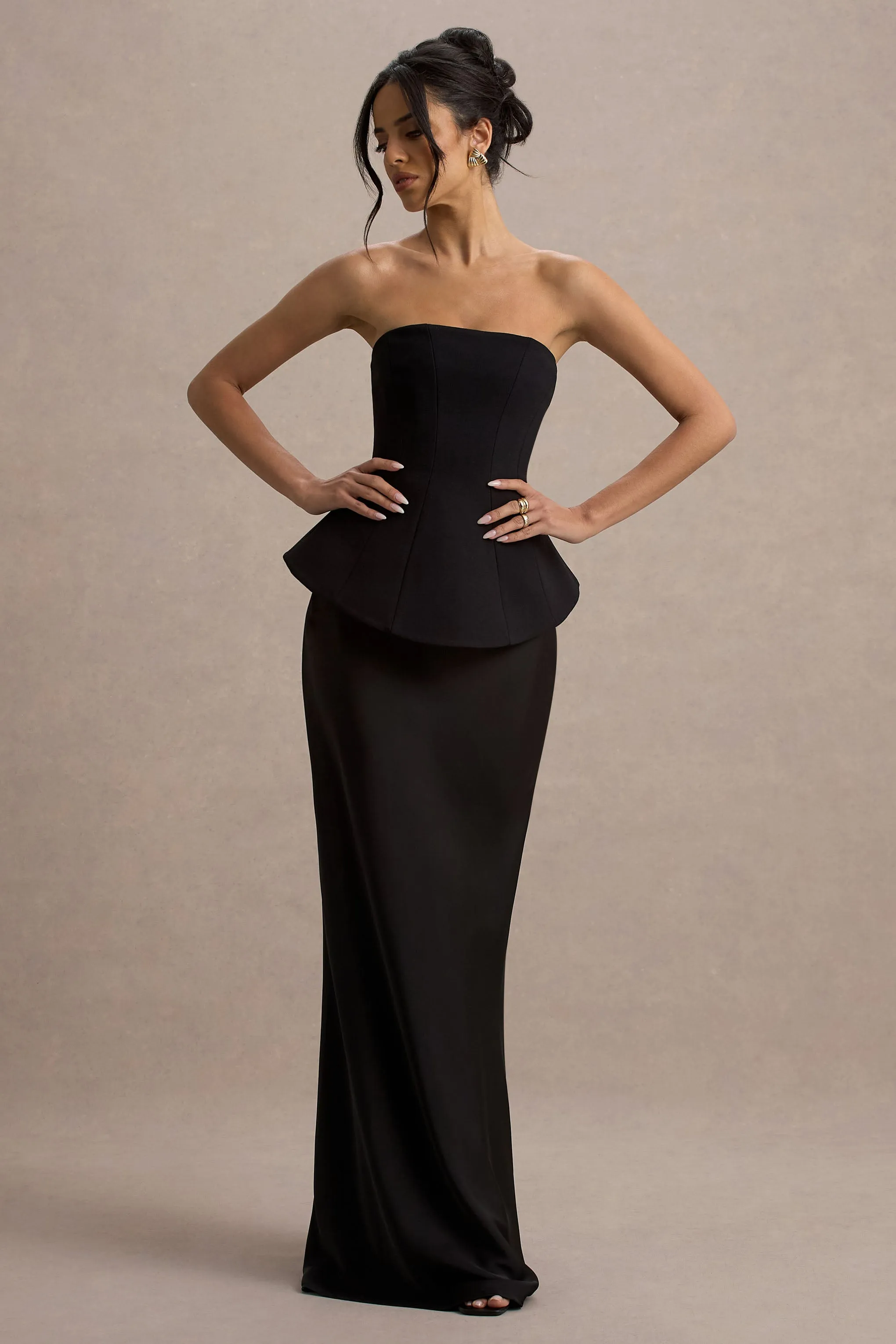 Ohio | Black Strapless Corset Maxi Dress Club L London