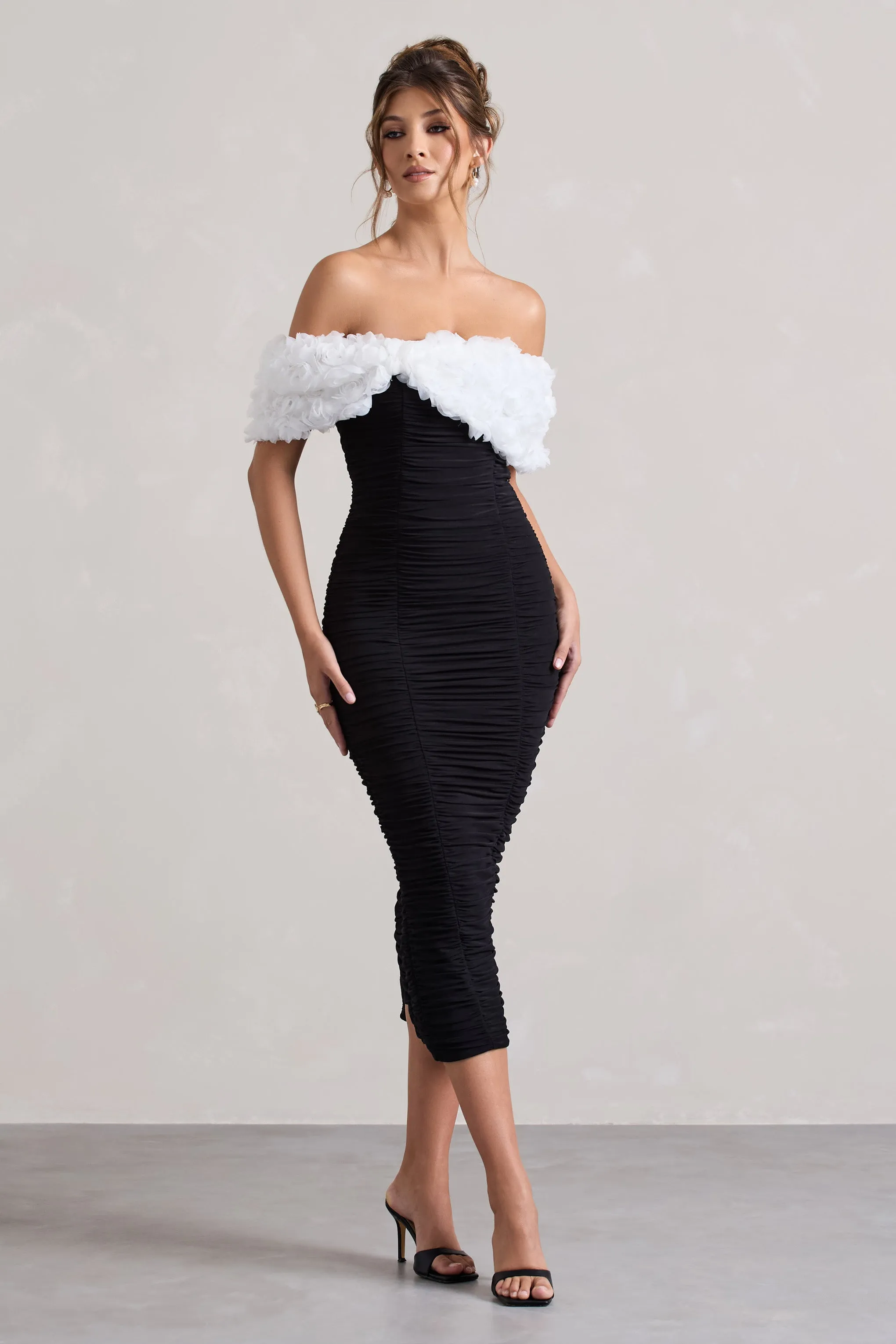 Olea | Black & White Ruched Bardot Midi Dress With Flowers Club L London