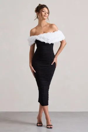 Olea | Black & White Ruched Bardot Midi Dress With Flowers Club L London