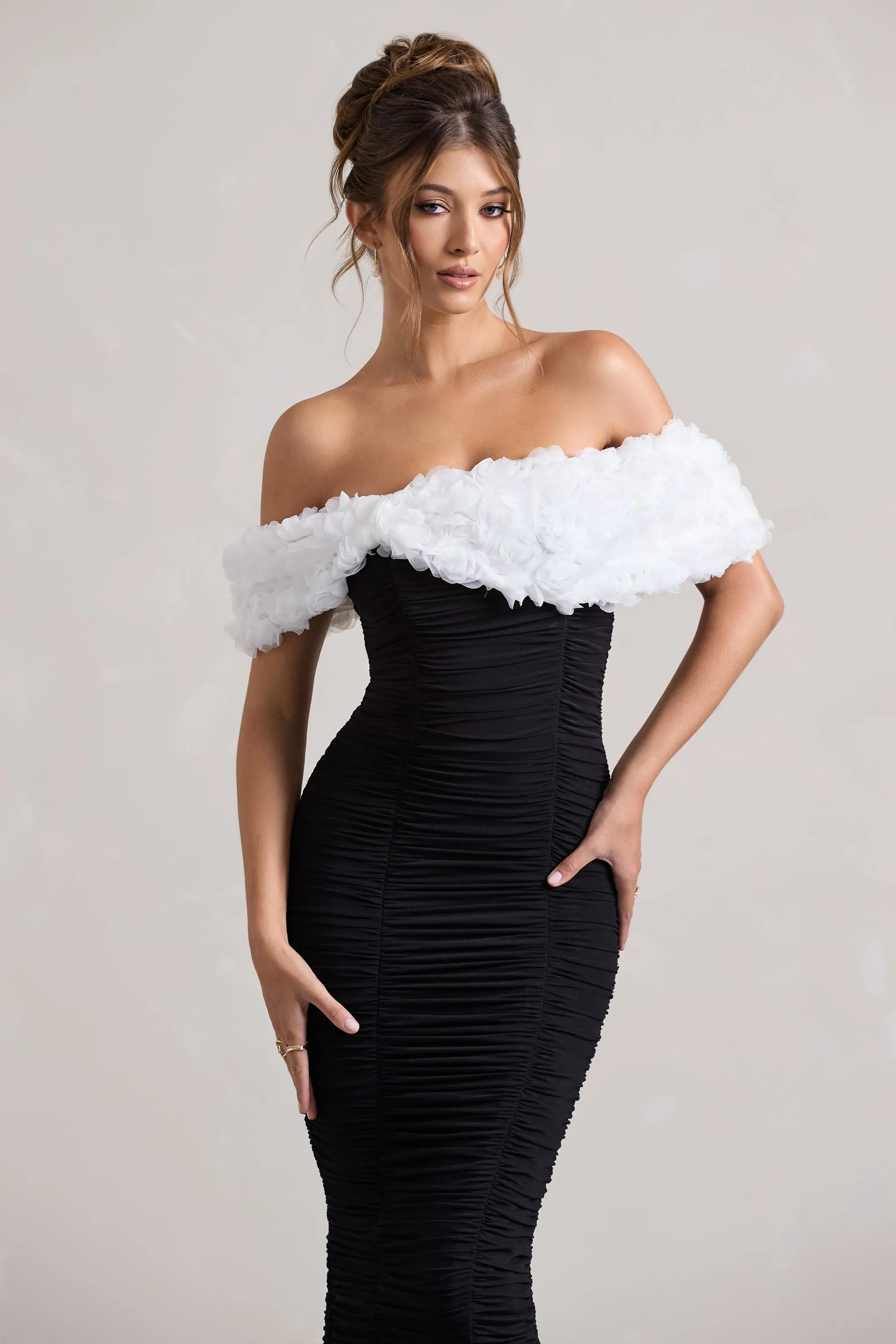 Olea | Black & White Ruched Bardot Midi Dress With Flowers Club L London