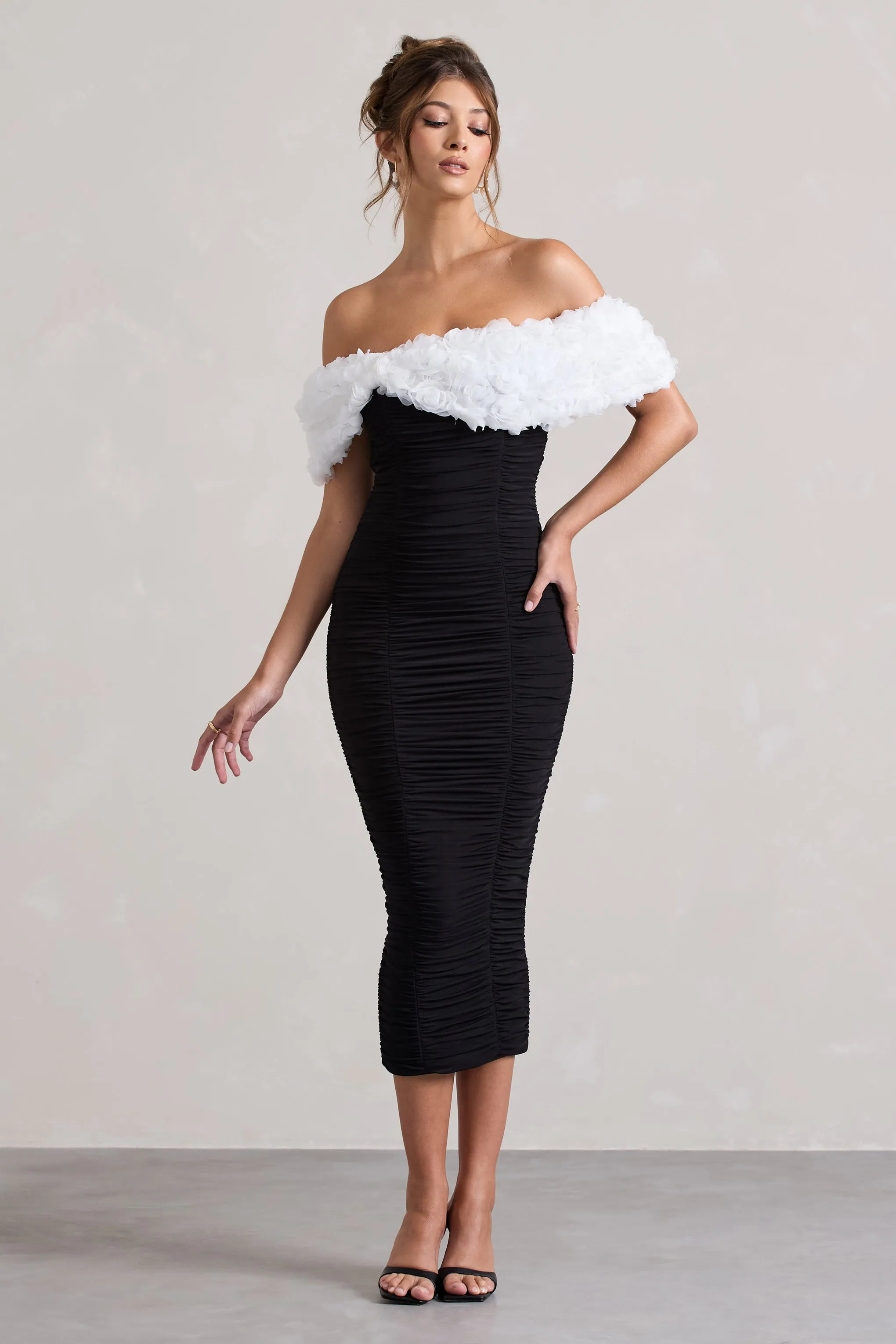 Olea | Black & White Ruched Bardot Midi Dress With Flowers Club L London