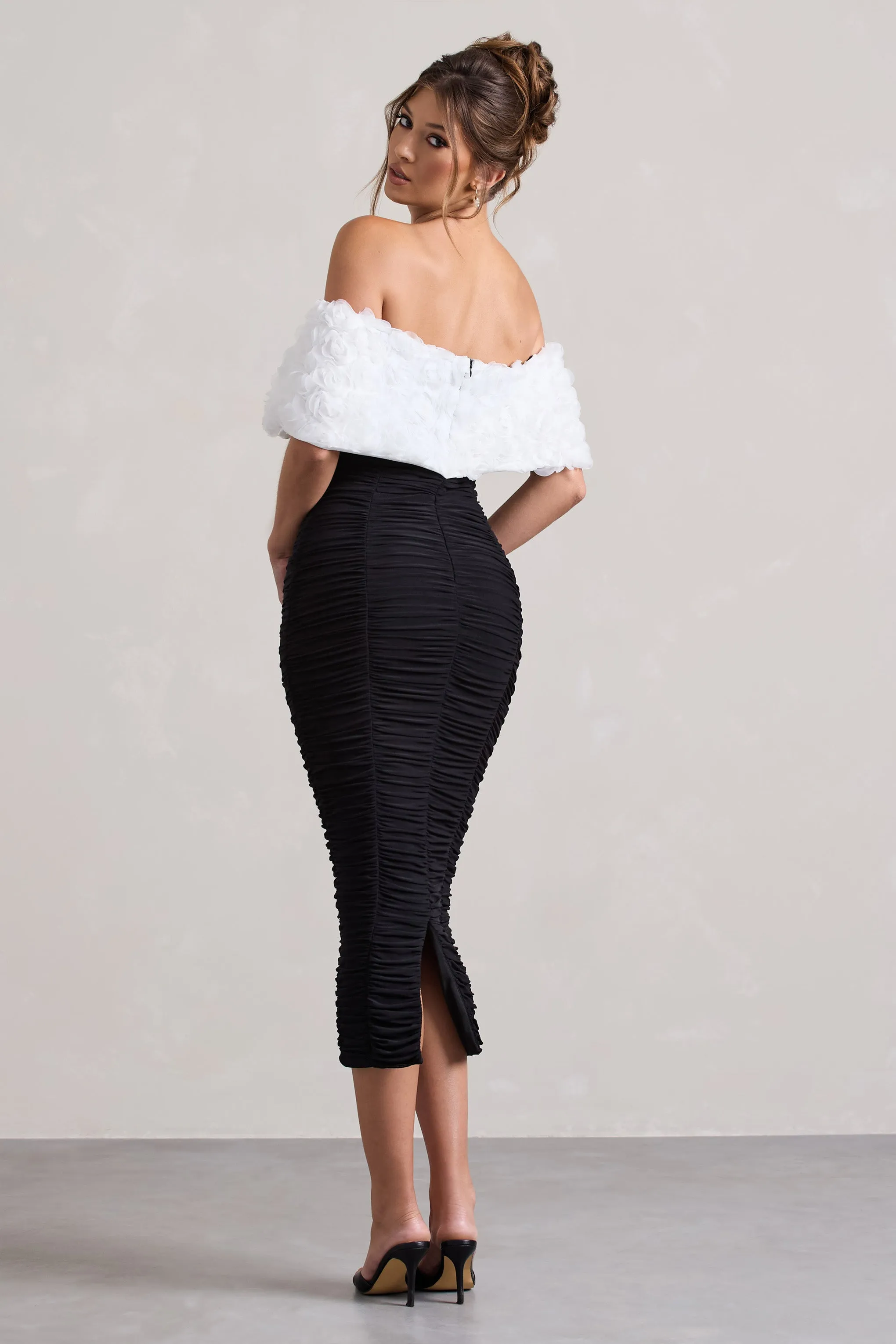 Olea | Black & White Ruched Bardot Midi Dress With Flowers Club L London