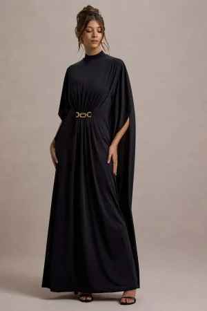 Olessia | Black Belted Gathered Cape-Sleeve Maxi Dress Club L London