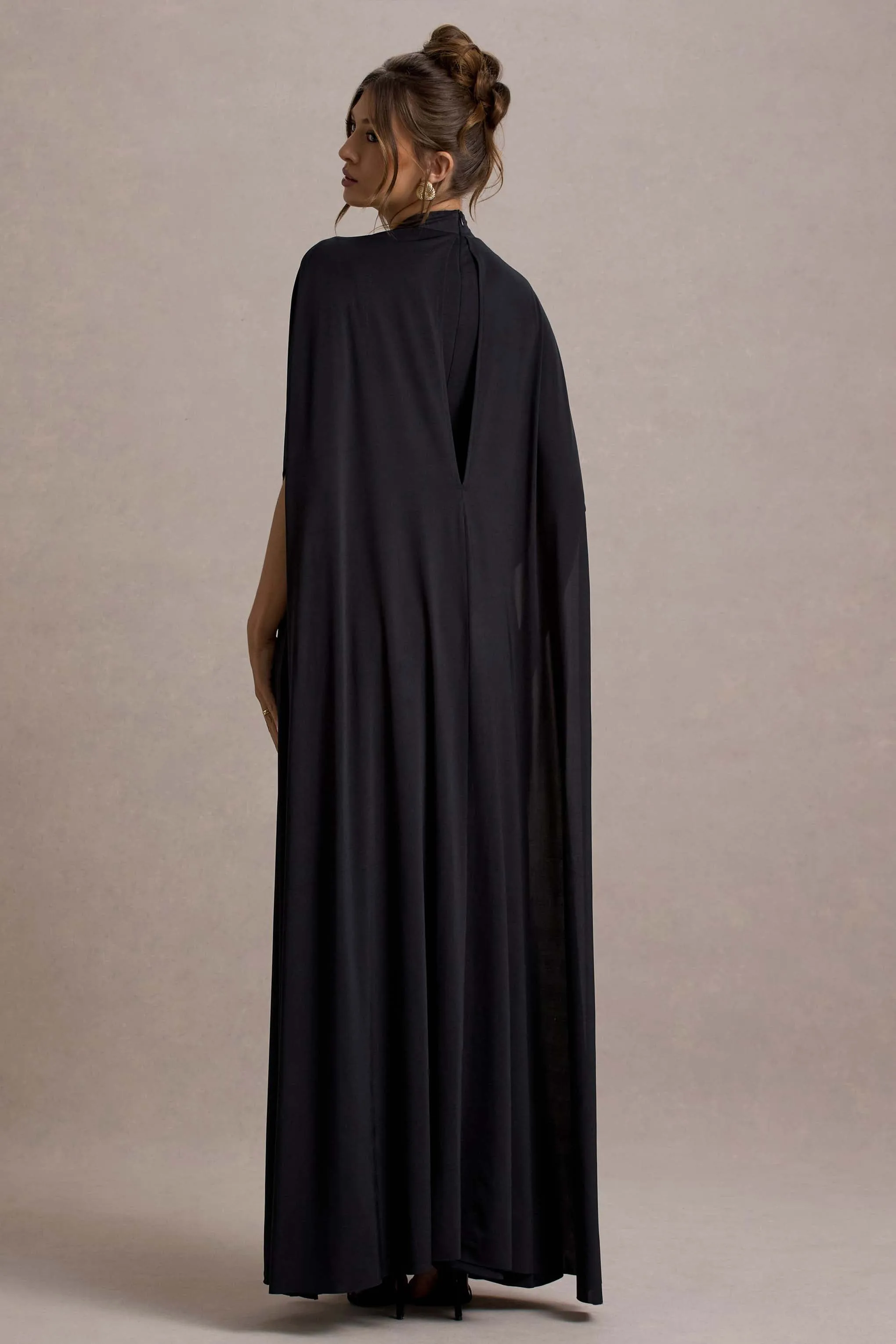 Olessia | Black Belted Gathered Cape-Sleeve Maxi Dress Club L London