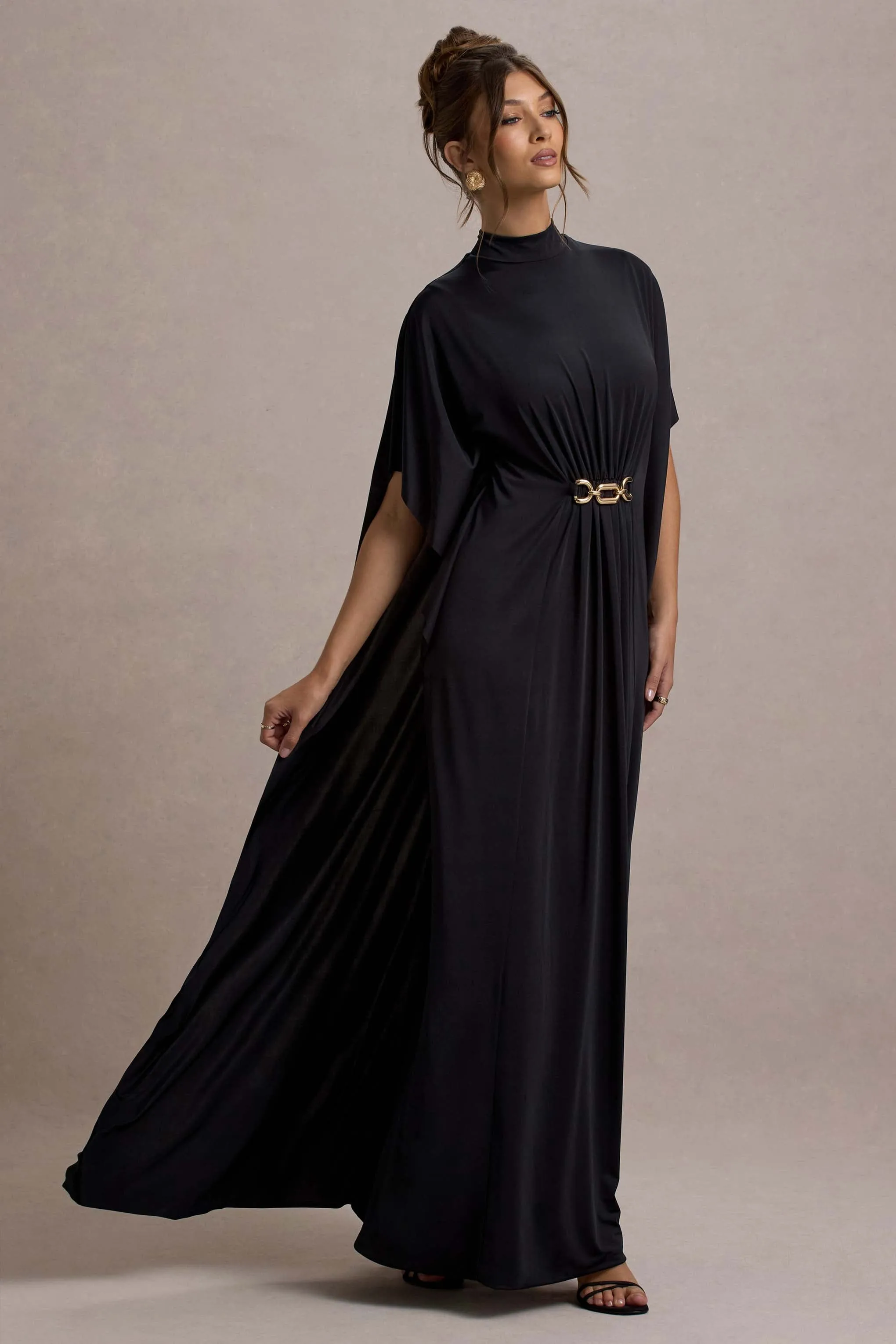 Olessia | Black Belted Gathered Cape-Sleeve Maxi Dress Club L London