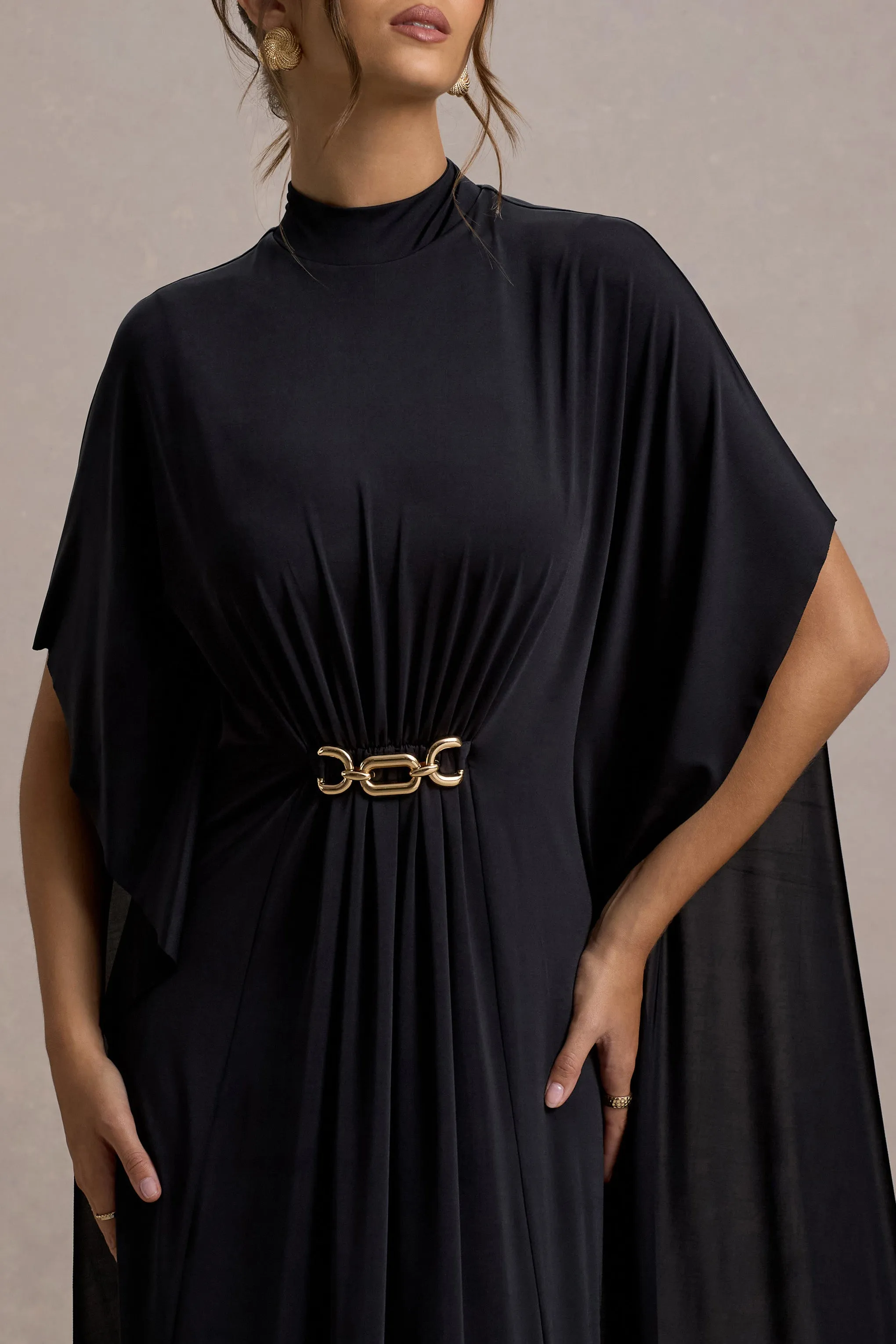 Olessia | Black Belted Gathered Cape-Sleeve Maxi Dress Club L London