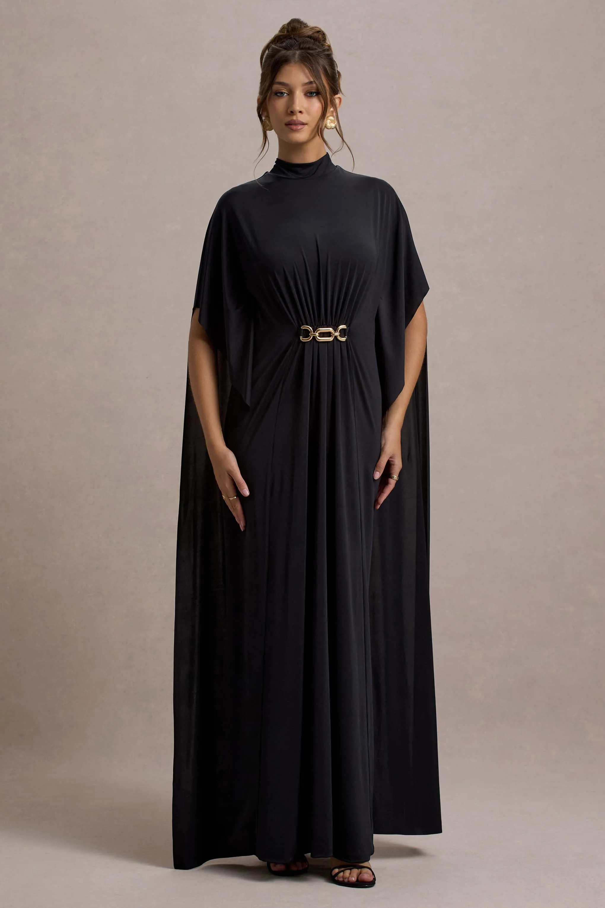 Olessia | Black Belted Gathered Cape-Sleeve Maxi Dress Club L London