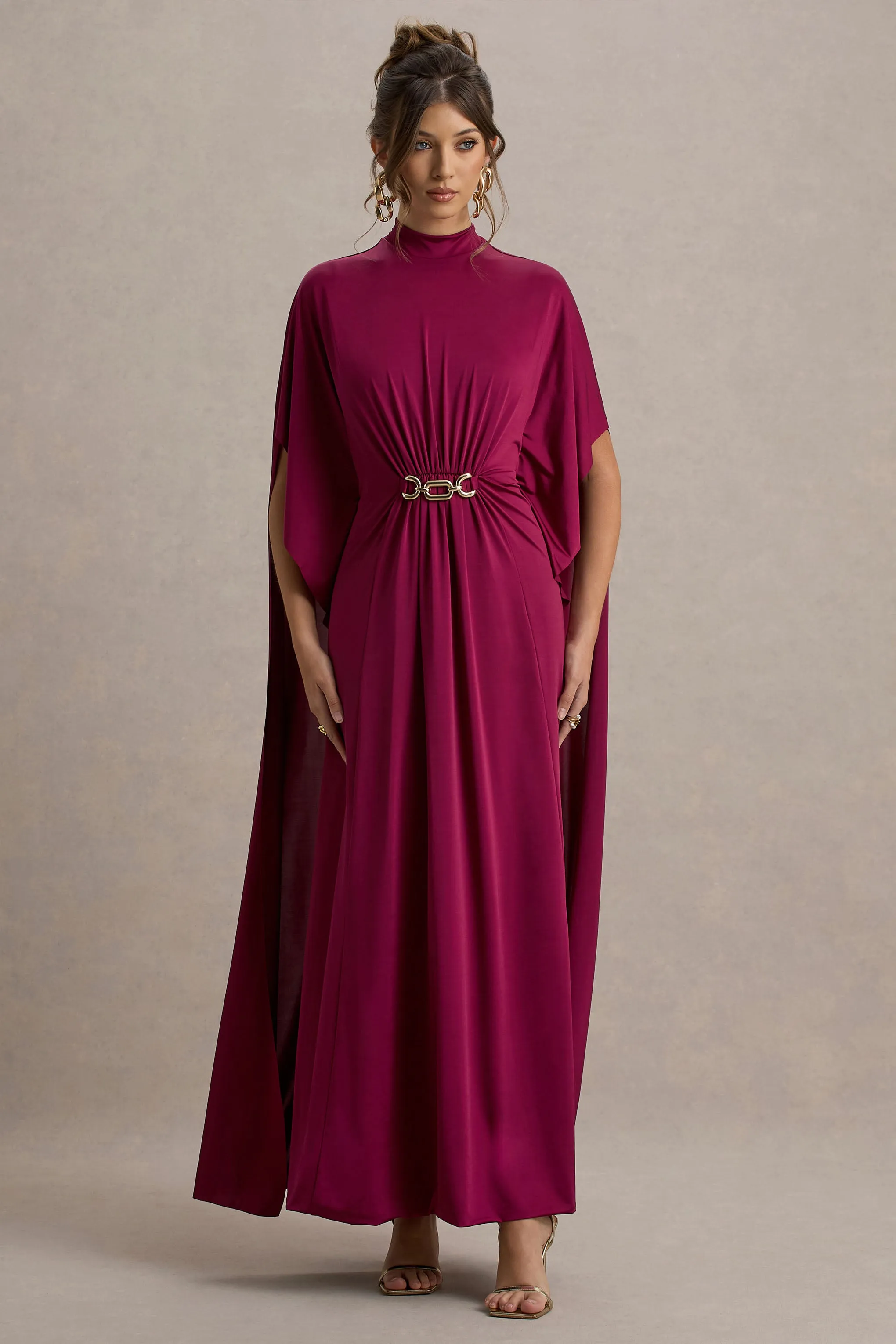 Olessia | Burgundy Belted Gathered Cape-Sleeve Maxi Dress Club L London