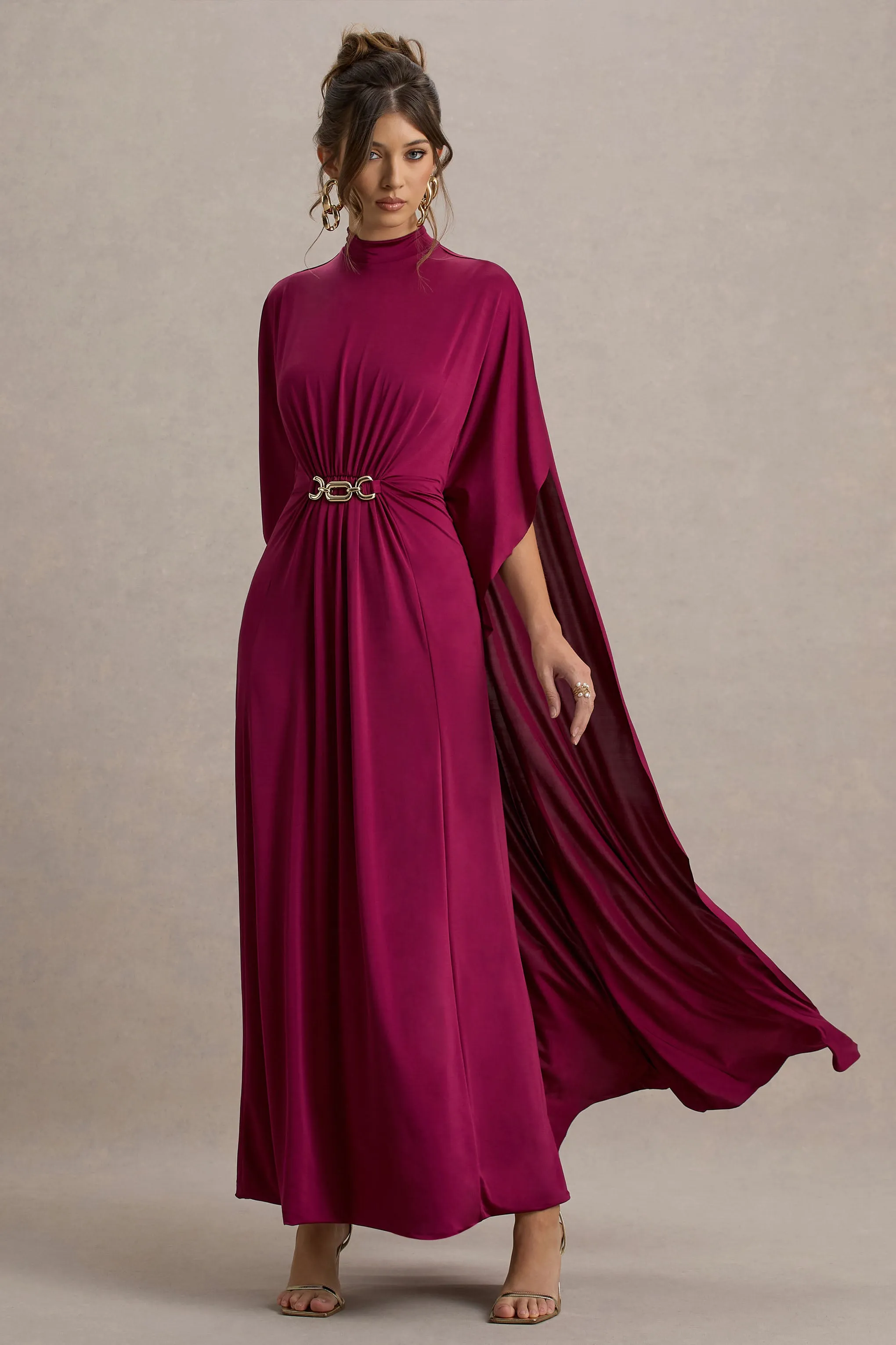 Olessia | Burgundy Belted Gathered Cape-Sleeve Maxi Dress Club L London