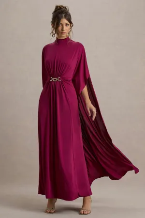 Olessia | Burgundy Belted Gathered Cape-Sleeve Maxi Dress Club L London
