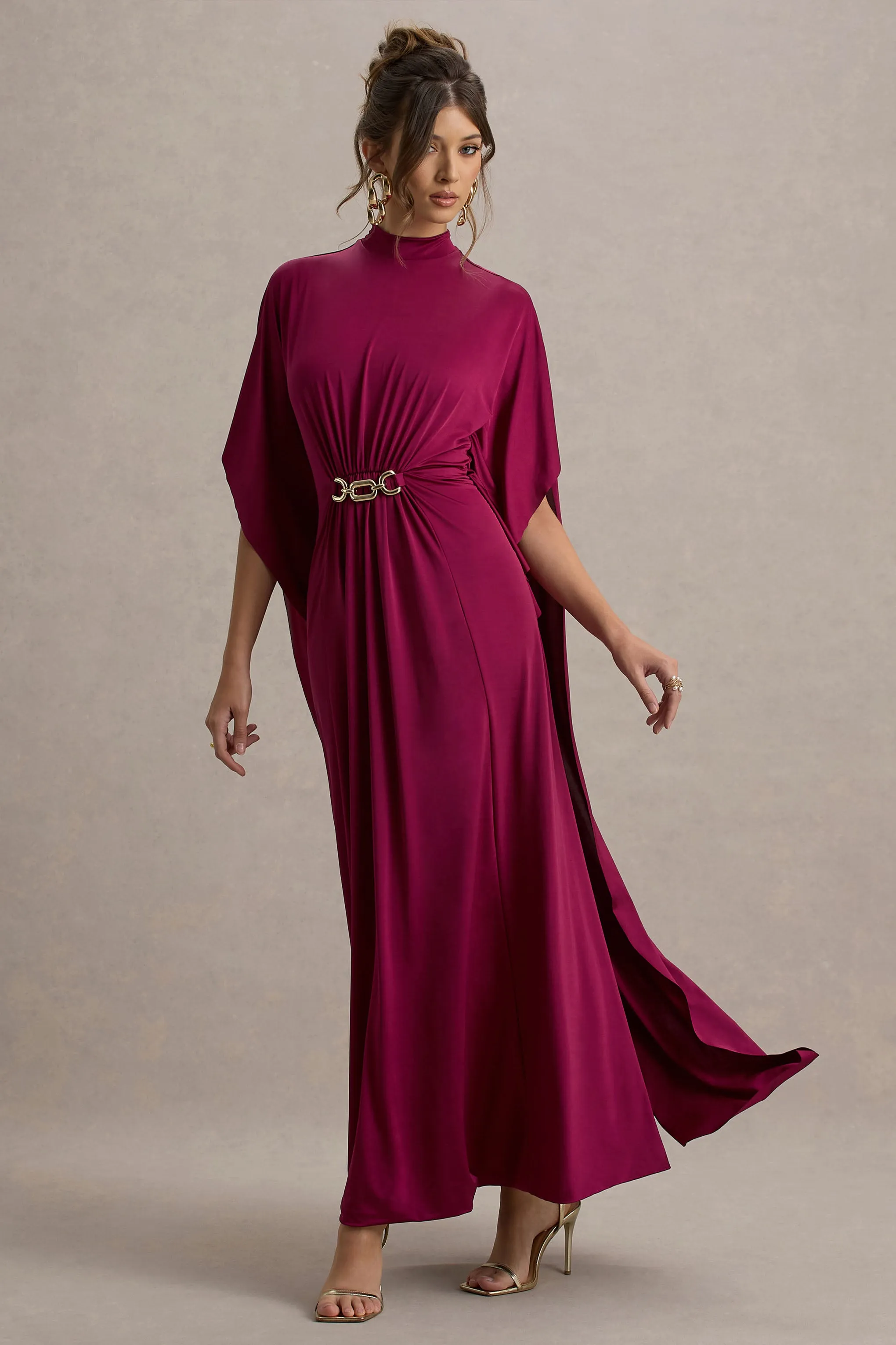 Olessia | Burgundy Belted Gathered Cape-Sleeve Maxi Dress Club L London