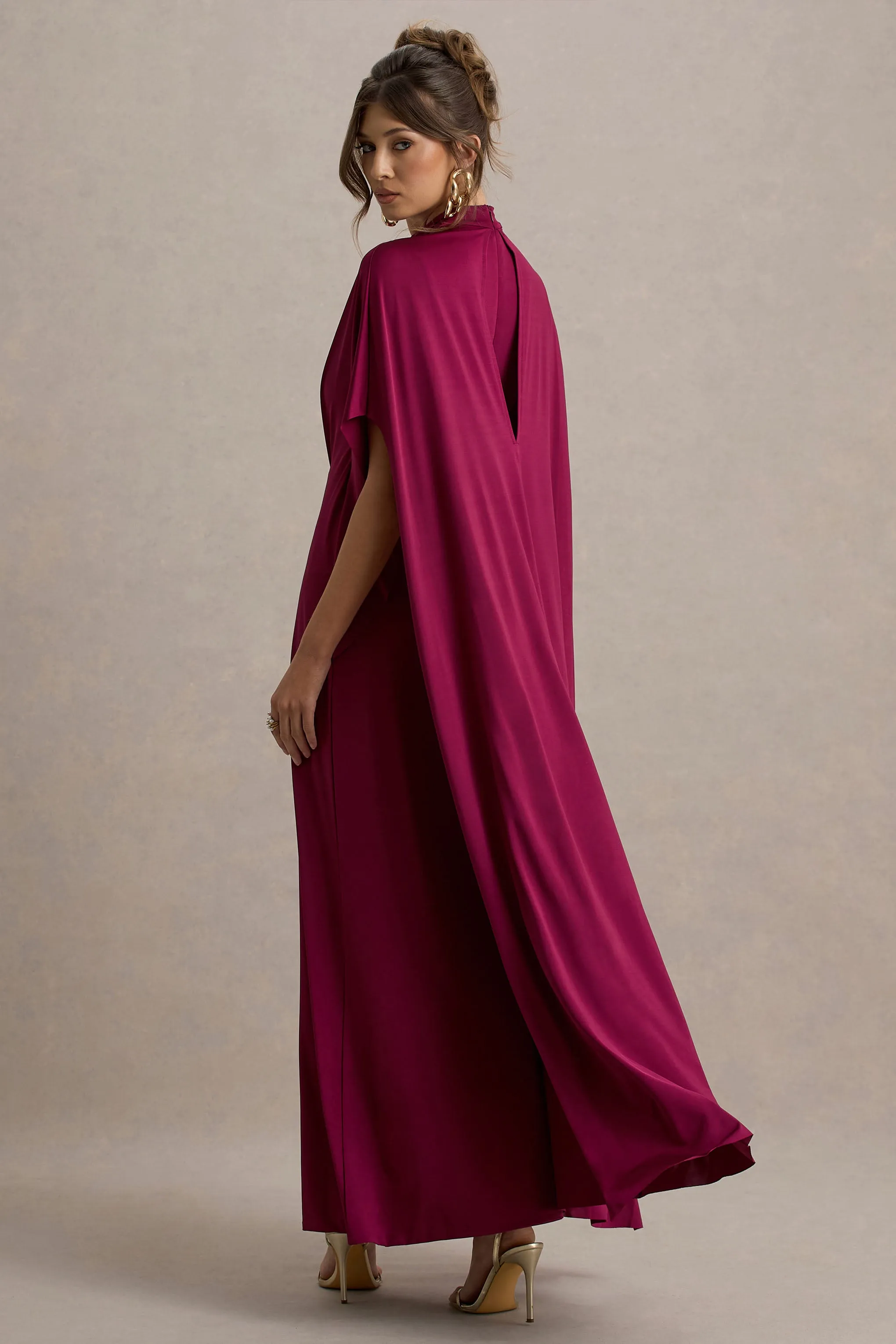 Olessia | Burgundy Belted Gathered Cape-Sleeve Maxi Dress Club L London