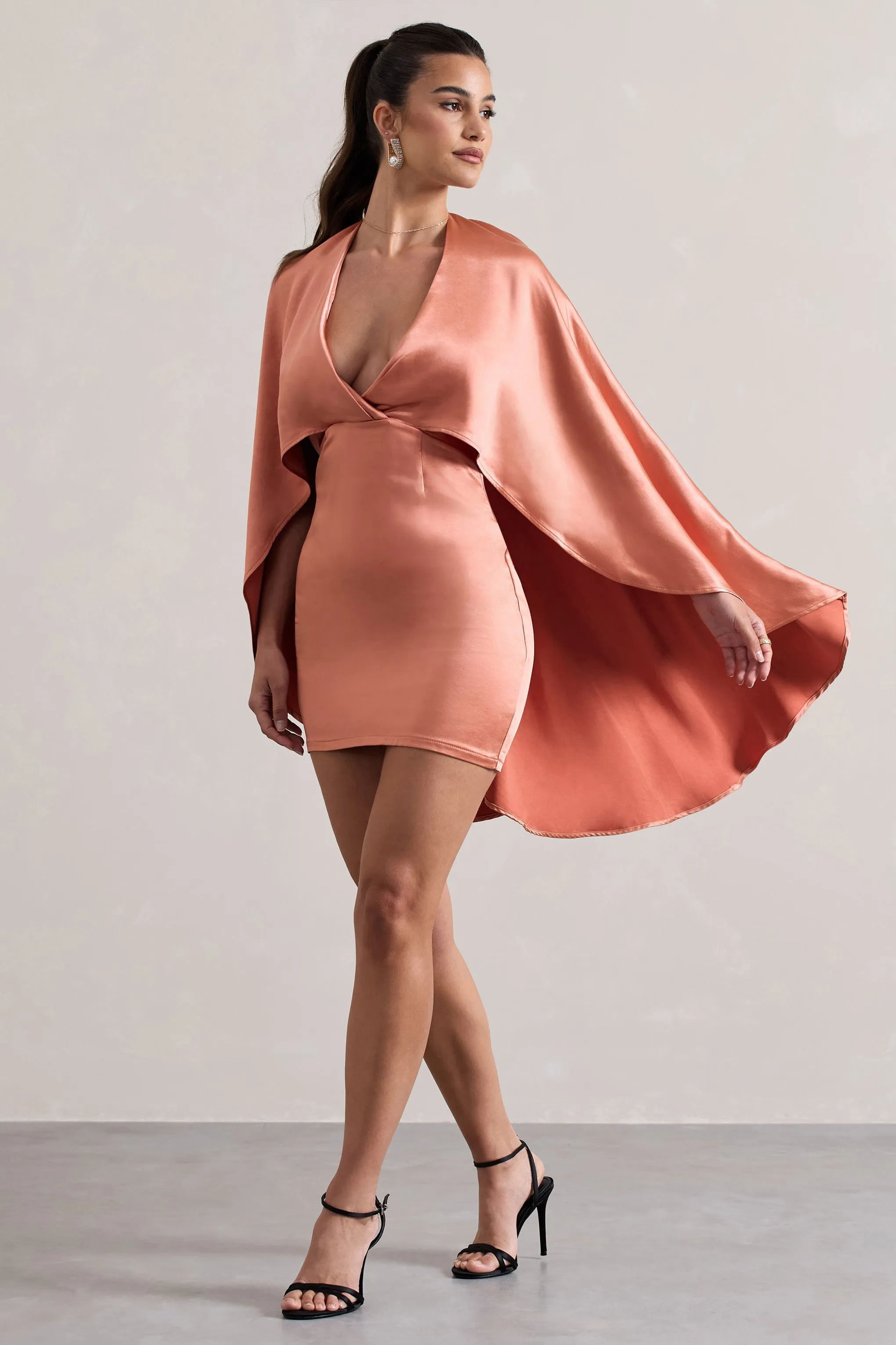 Olsen | Coral Satin Plunge-Neck Cape Mini Dress Club L London