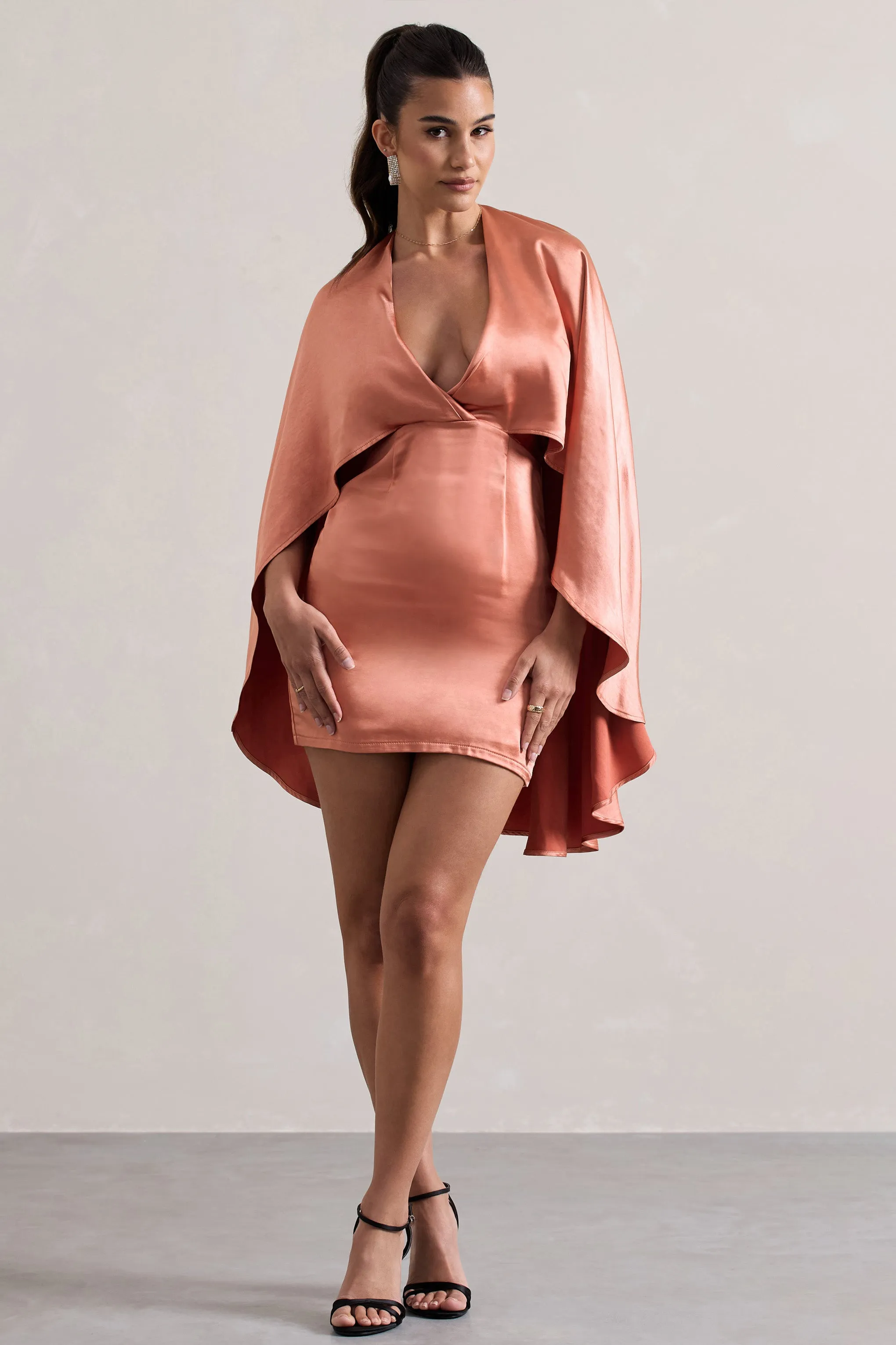 Olsen | Coral Satin Plunge-Neck Cape Mini Dress Club L London