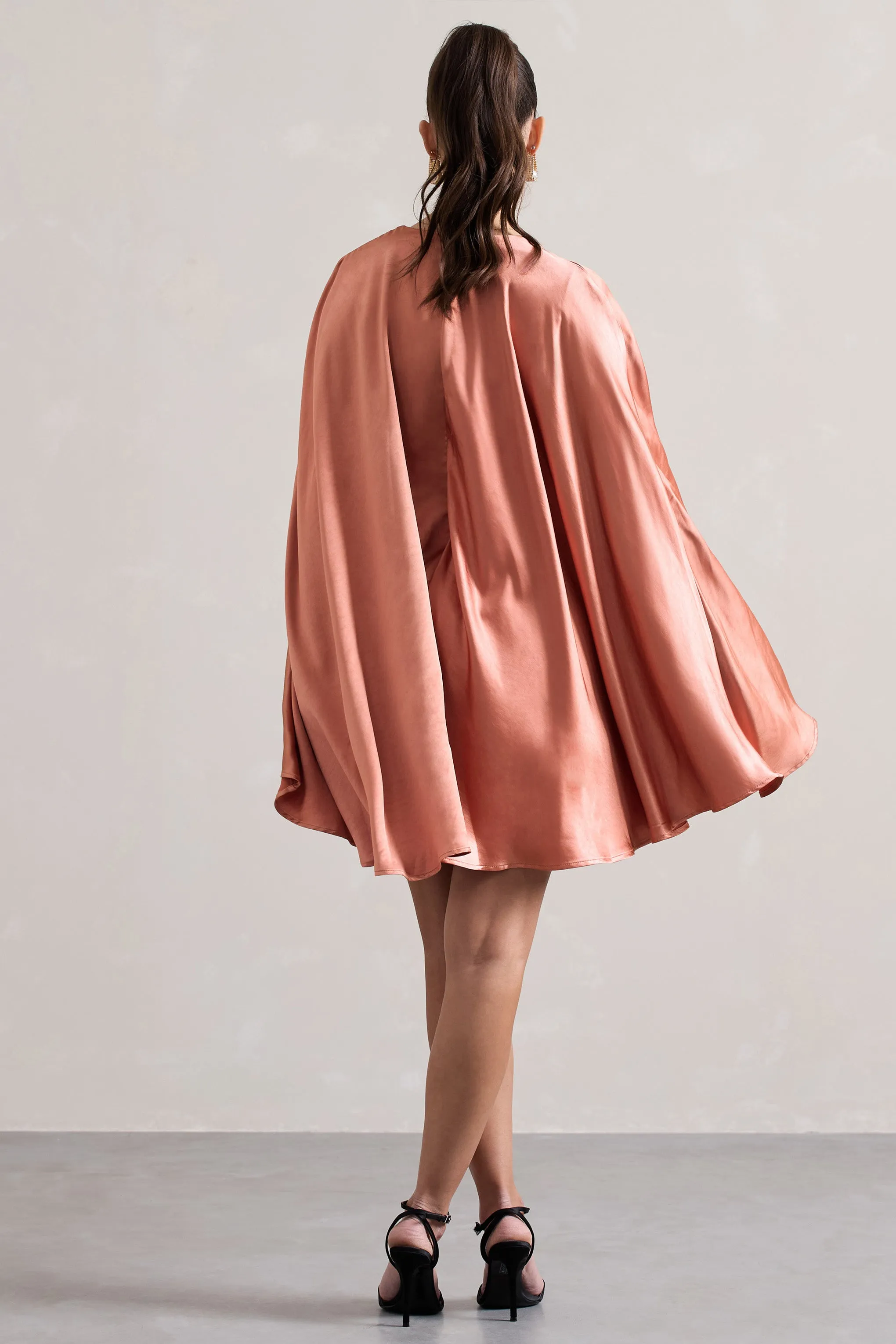 Olsen | Coral Satin Plunge-Neck Cape Mini Dress Club L London