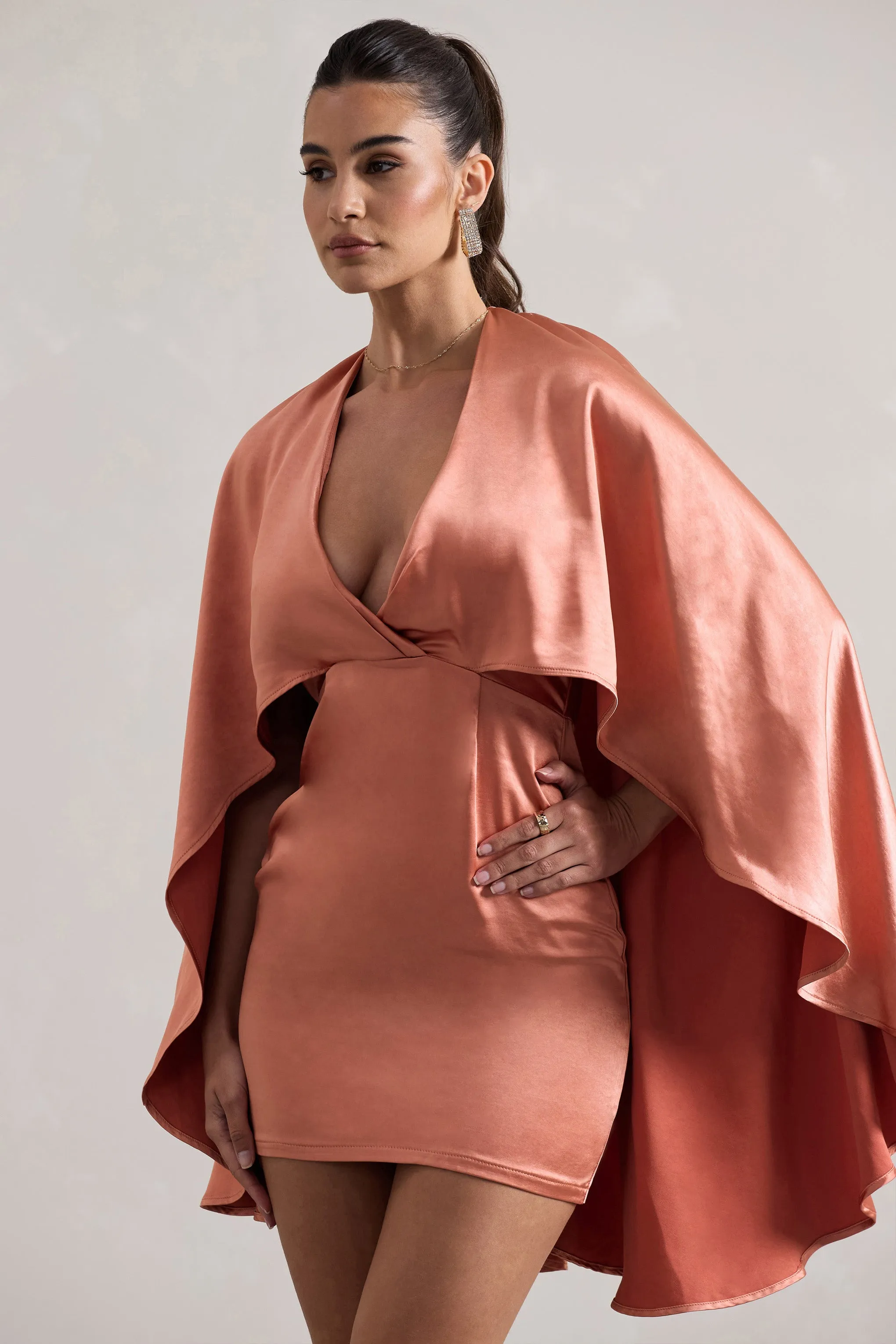 Olsen | Coral Satin Plunge-Neck Cape Mini Dress Club L London