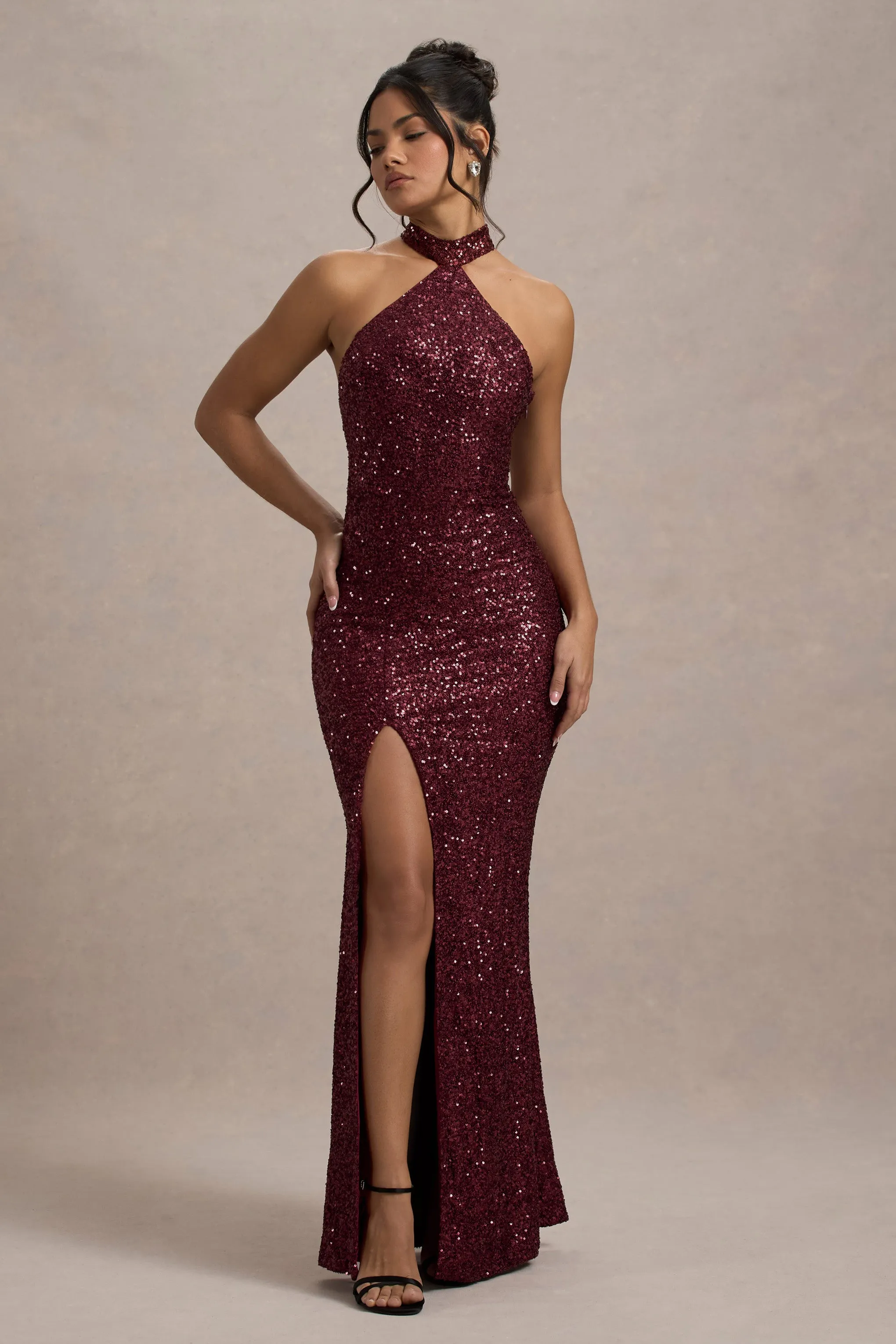 On The Rise | Berry Sequin High-Neck Strappy-Back Split Maxi Dress Club L London