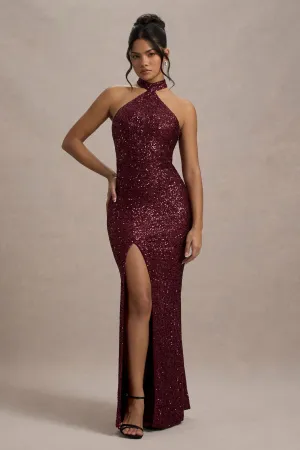 On The Rise | Berry Sequin High-Neck Strappy-Back Split Maxi Dress Club L London