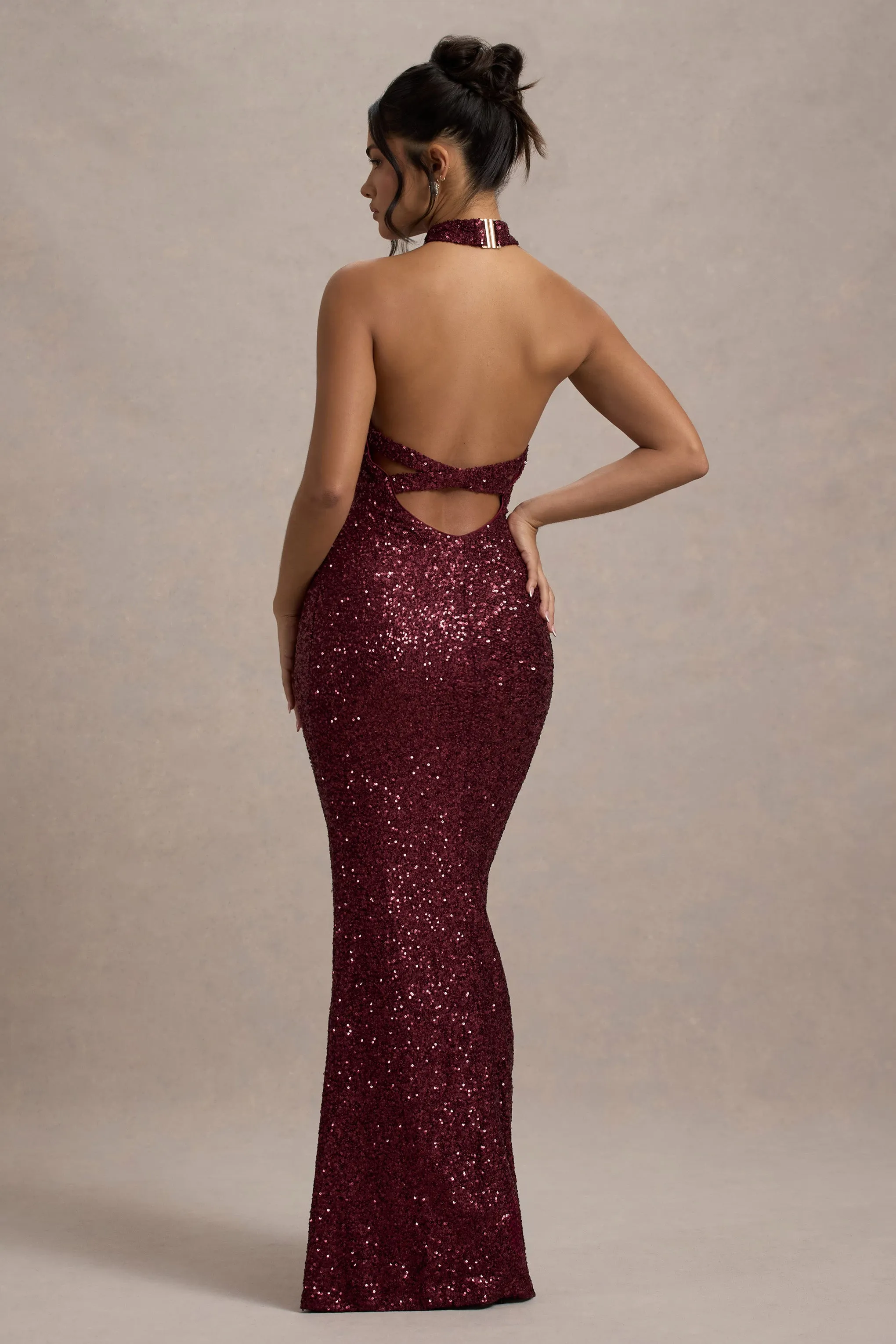 On The Rise | Berry Sequin High-Neck Strappy-Back Split Maxi Dress Club L London