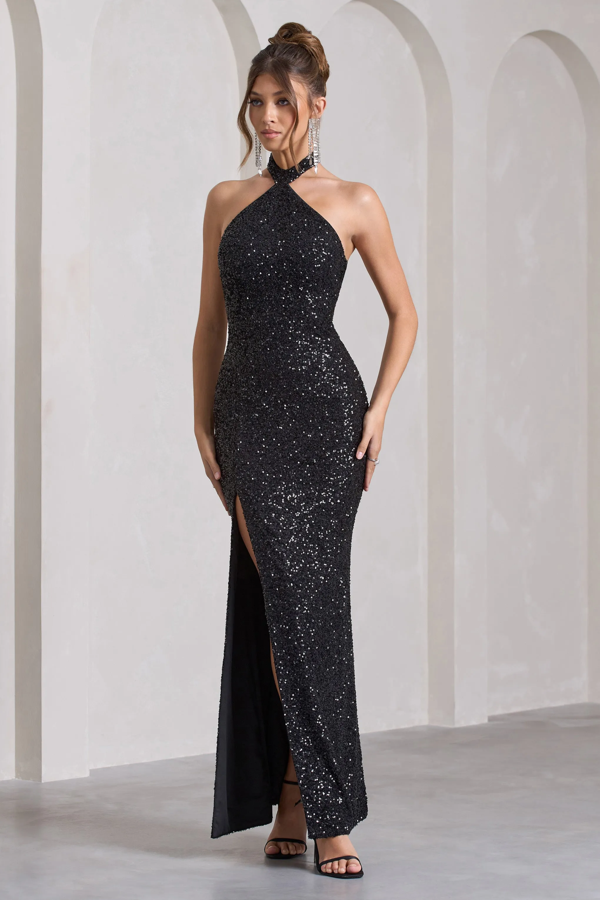 On The Rise | Black Sequin High-Neck Strappy-Back Split Maxi Dress Club L London