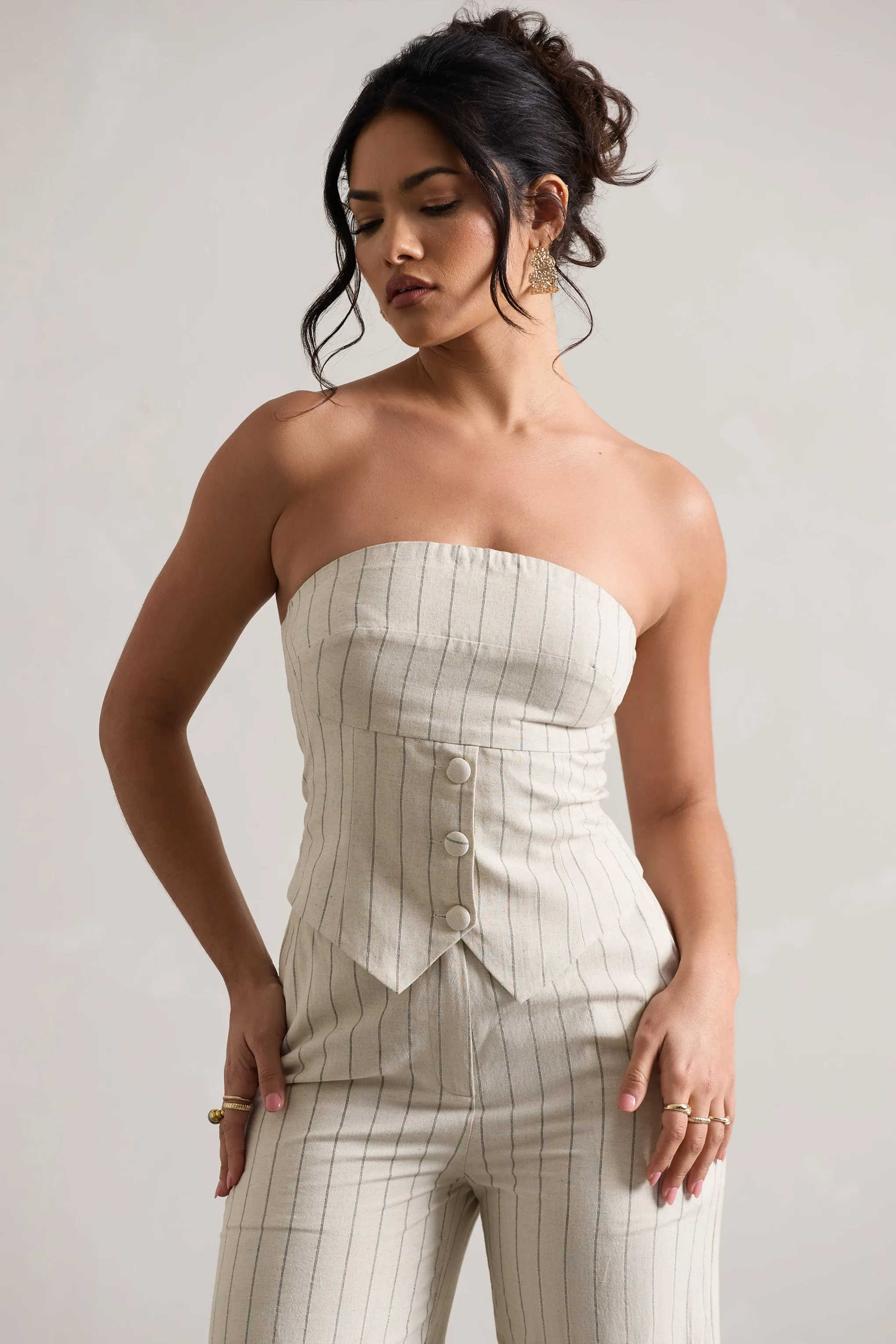 On Time | Beige Pinstripe Tailored Bandeau Top Club L London