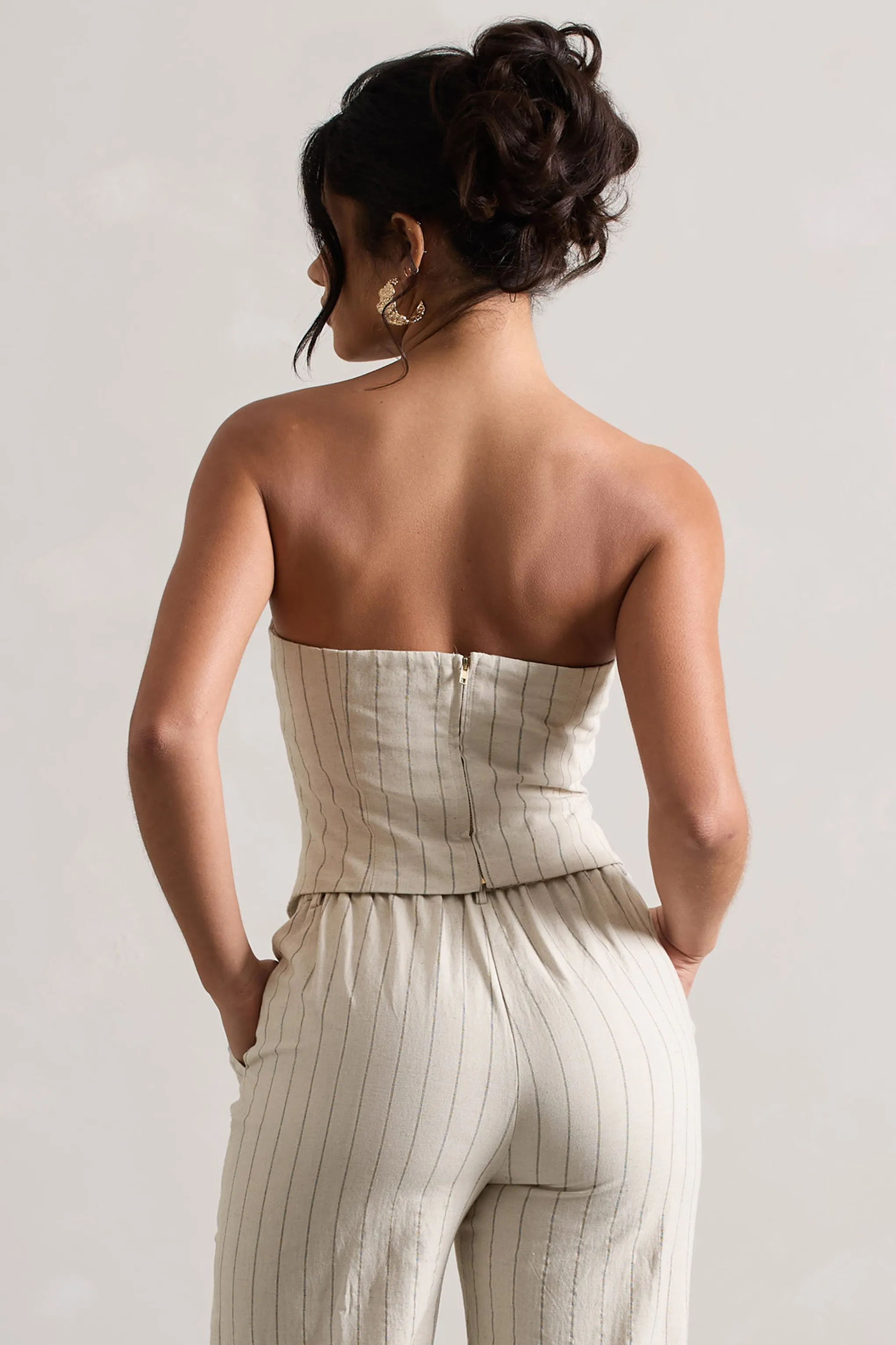 On Time | Beige Pinstripe Tailored Bandeau Top Club L London