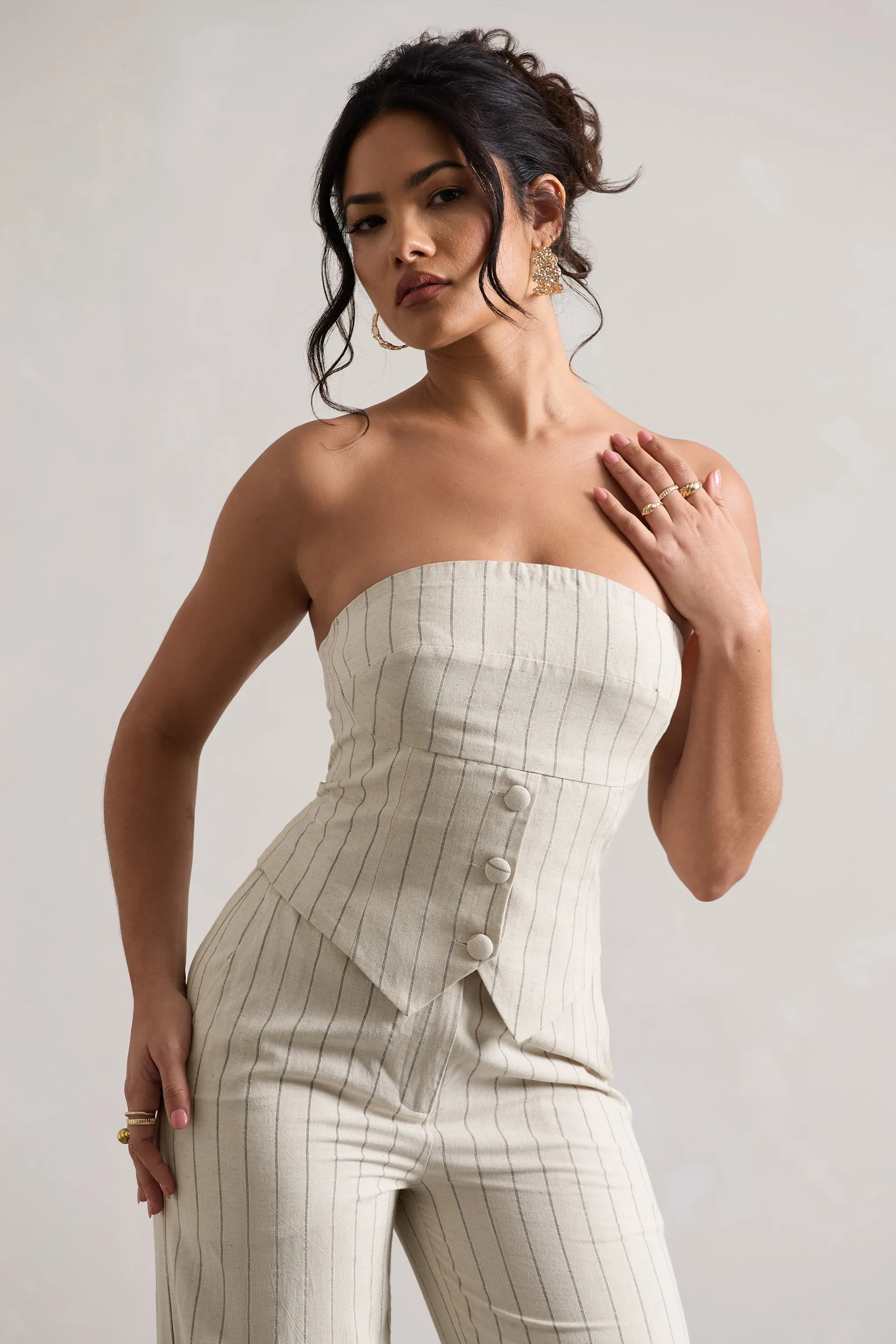 On Time | Beige Pinstripe Tailored Bandeau Top Club L London