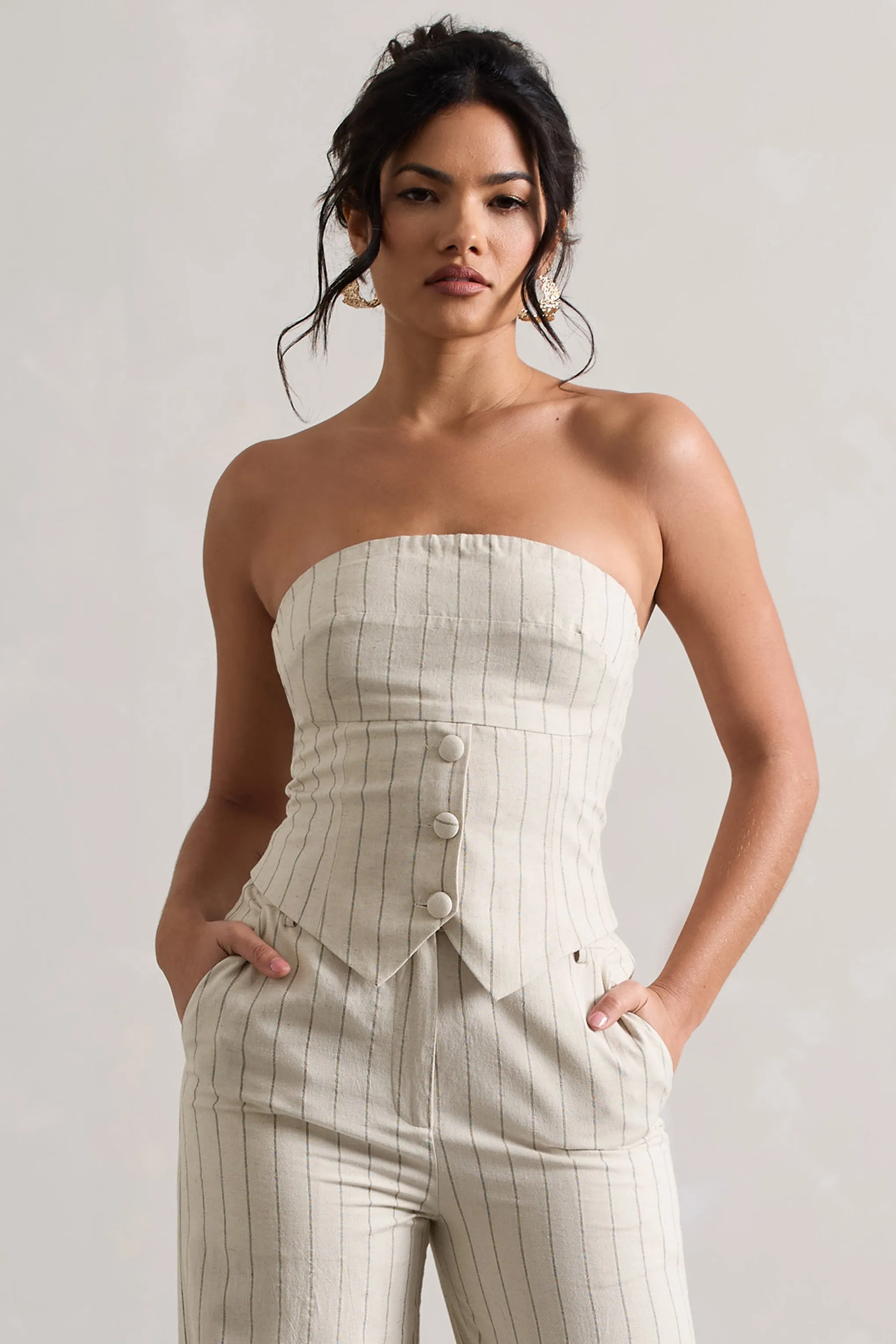 On Time | Beige Pinstripe Tailored Bandeau Top Club L London
