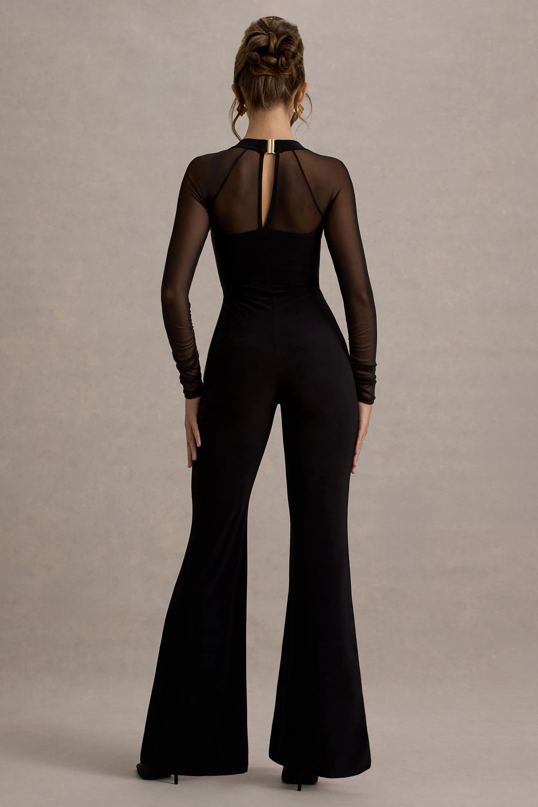 On Track | Black Flared-Leg Jumpsuit With Sheer Sleeves Club L London