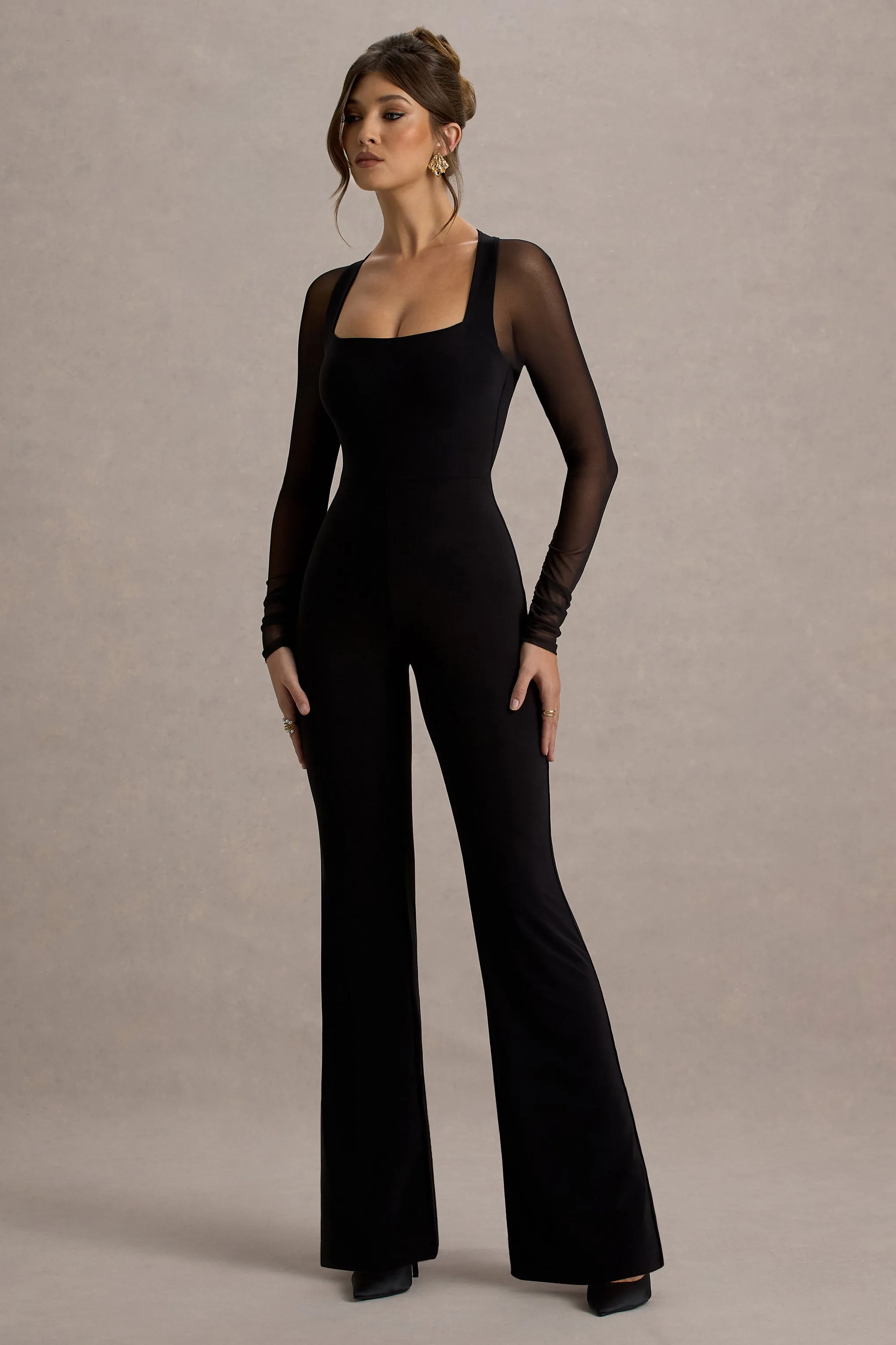 On Track | Black Flared-Leg Jumpsuit With Sheer Sleeves Club L London