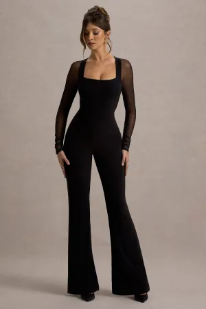 On Track | Black Flared-Leg Jumpsuit With Sheer Sleeves Club L London