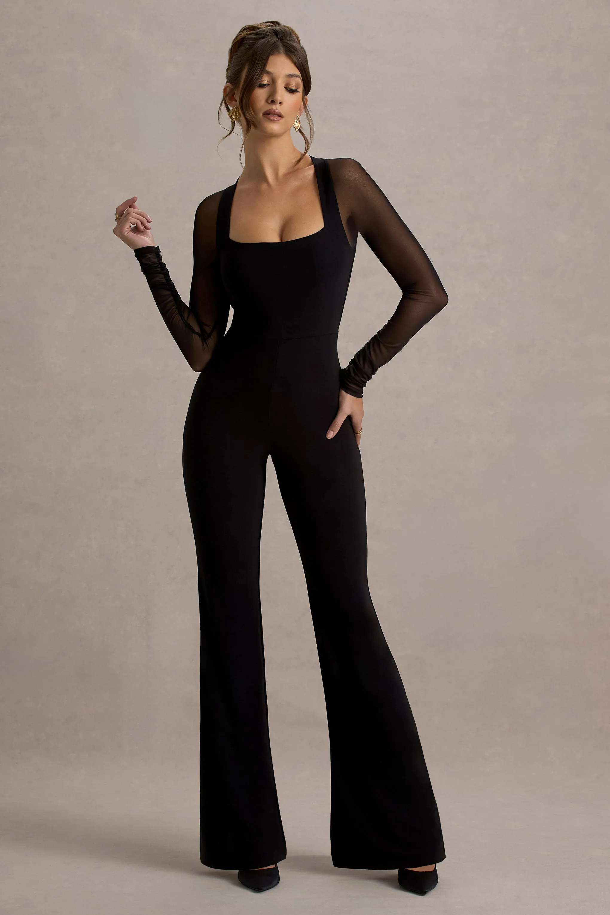 On Track | Black Flared-Leg Jumpsuit With Sheer Sleeves Club L London